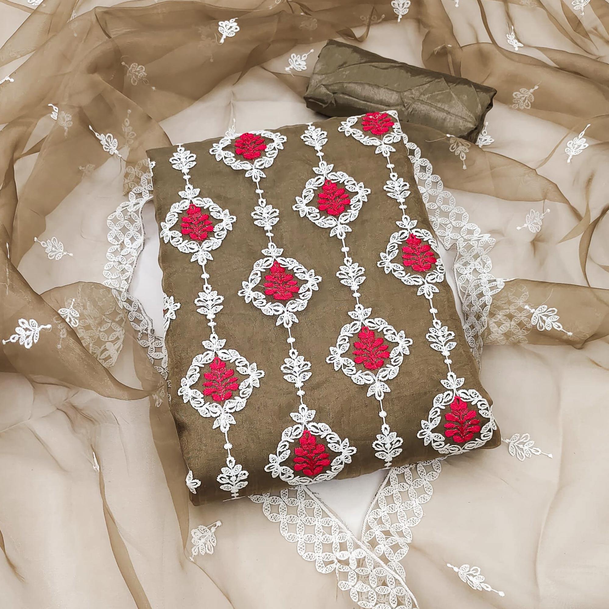 Brown Floral Embroidered Organza Dress Material - Peachmode