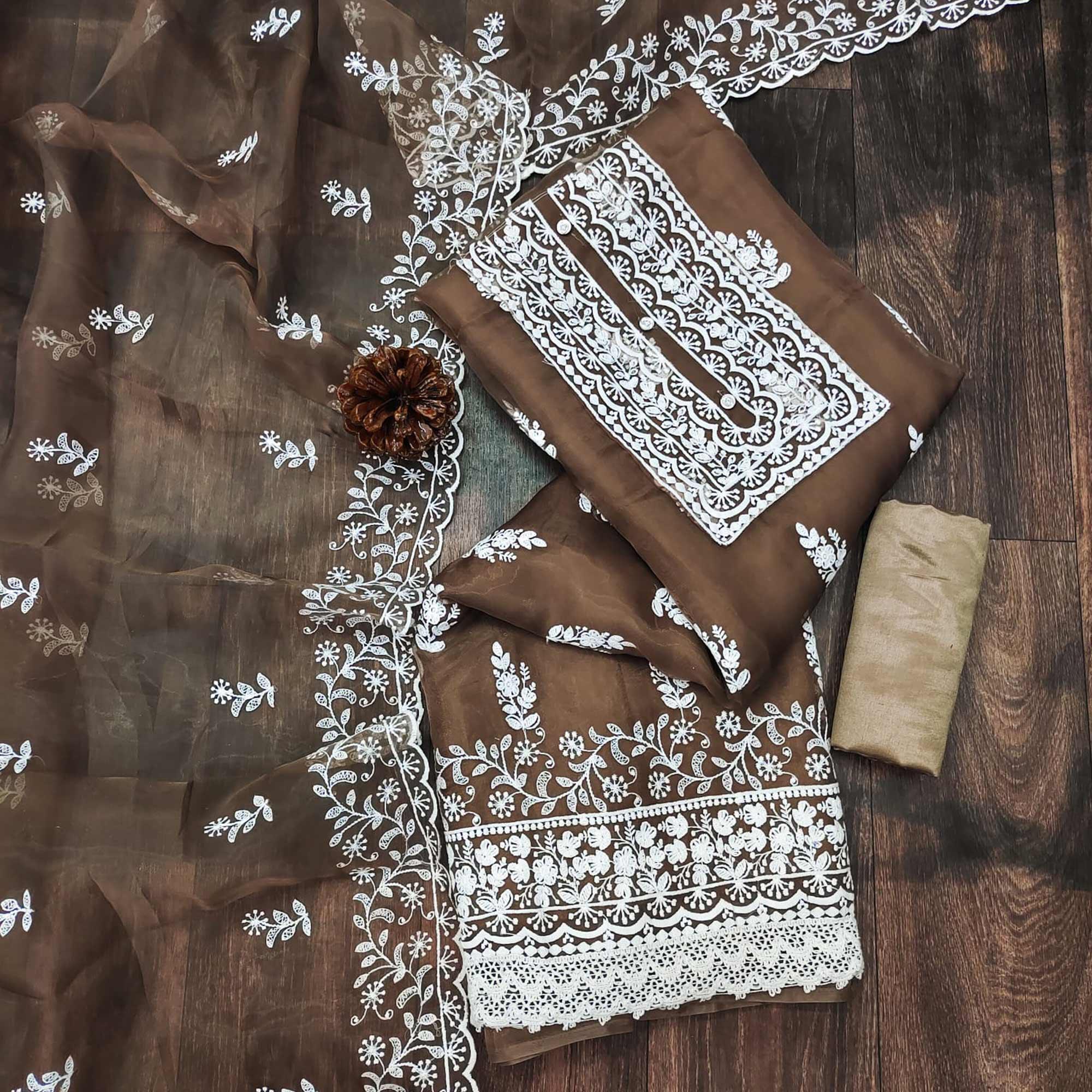 Brown Floral Embroidered Organza Dress Material - Peachmode