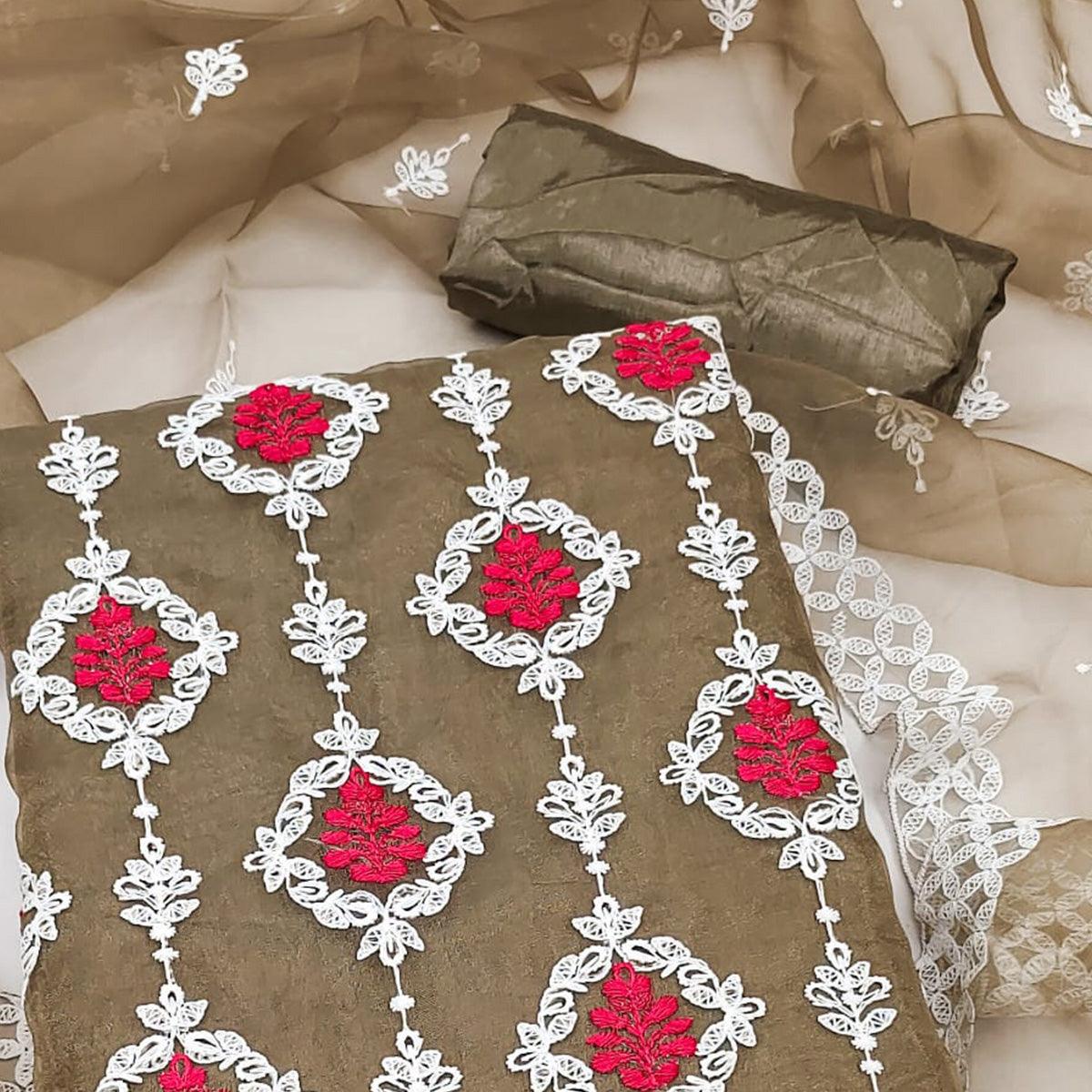 Brown Floral Embroidered Organza Dress Material - Peachmode