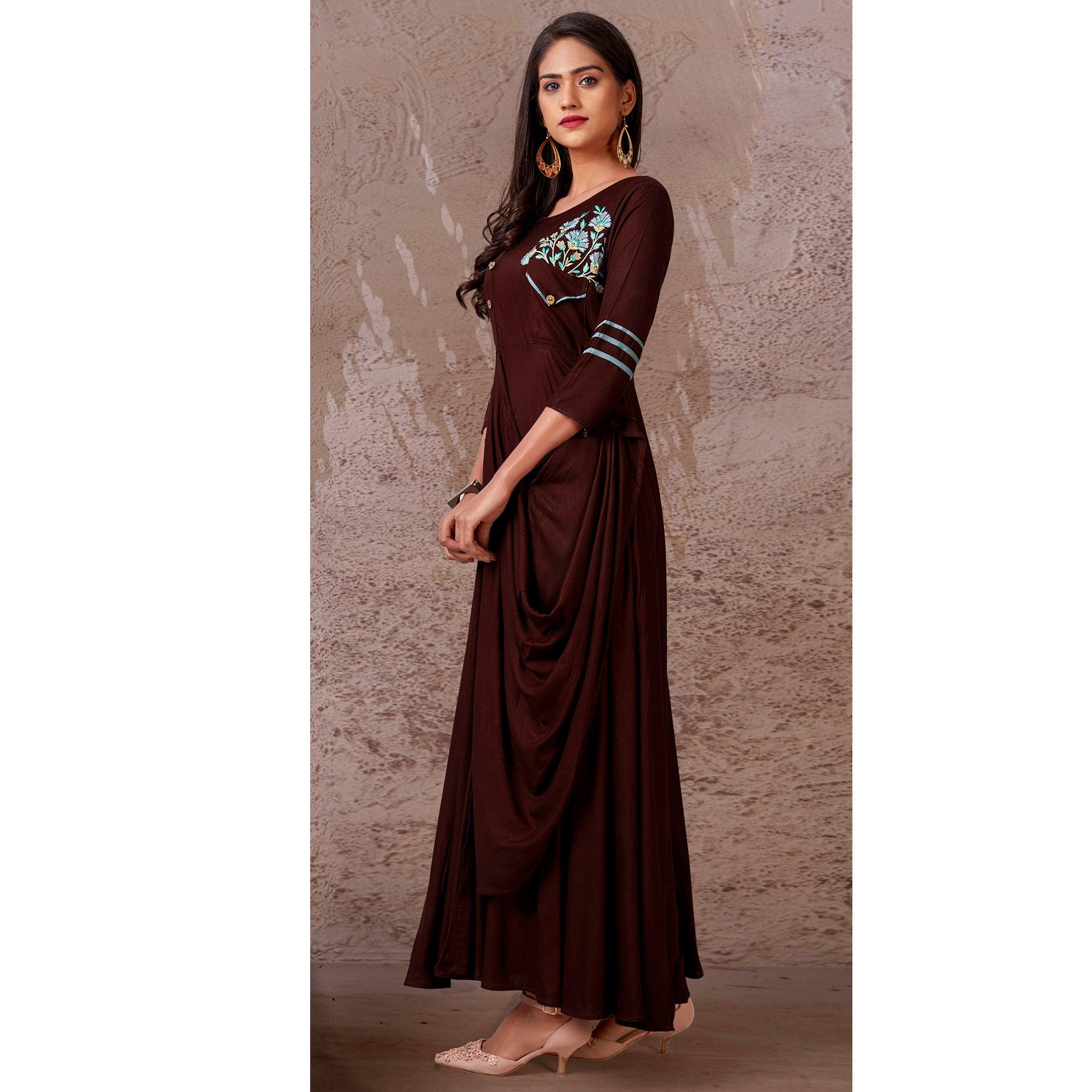 Brown Floral Embroidered Rayon Gown - Peachmode