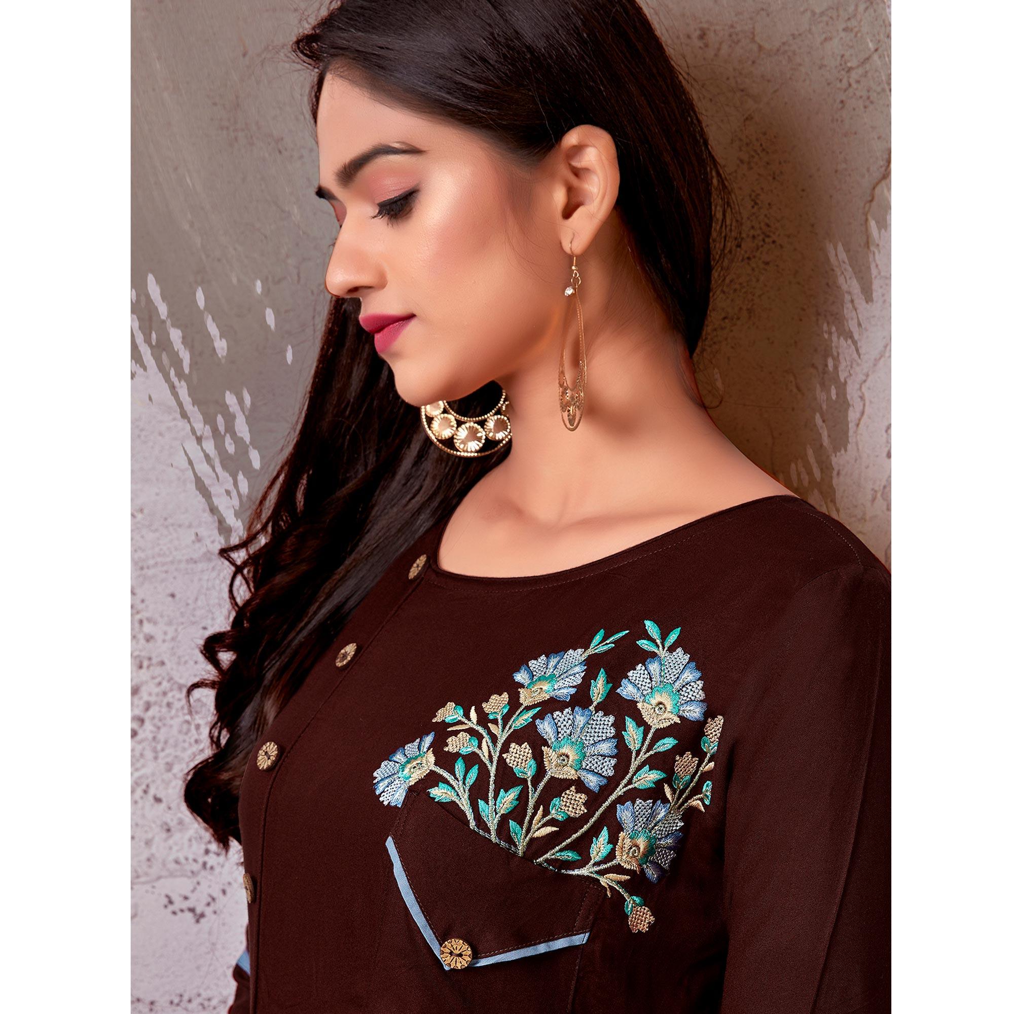 Brown Floral Embroidered Rayon Gown - Peachmode