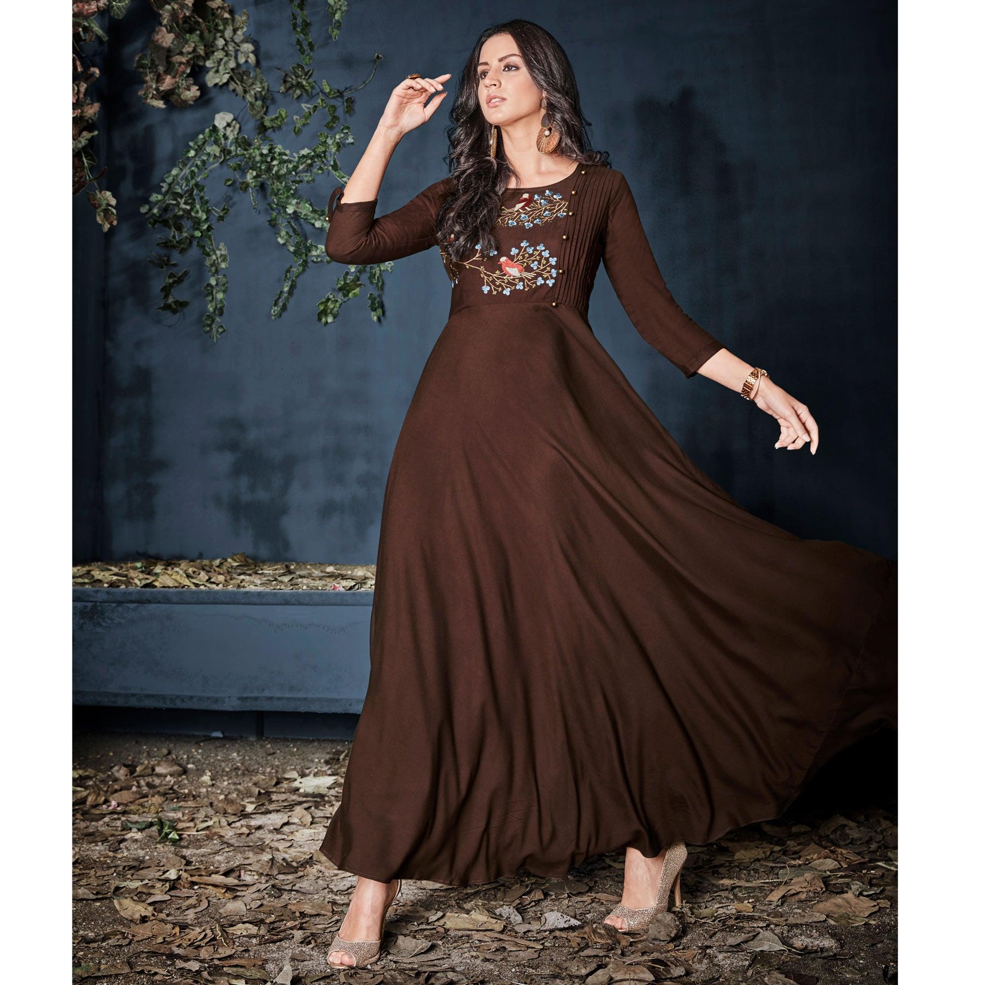 Brown Floral Embroidered Rayon Long Kurti - Peachmode