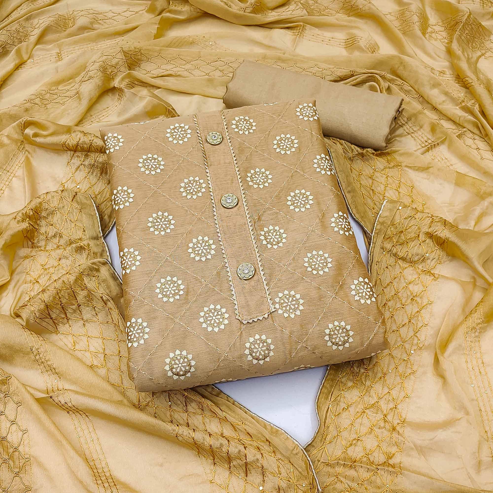 Brown Floral Embroidered With Gota Patti Chanderi Dress Material - Peachmode