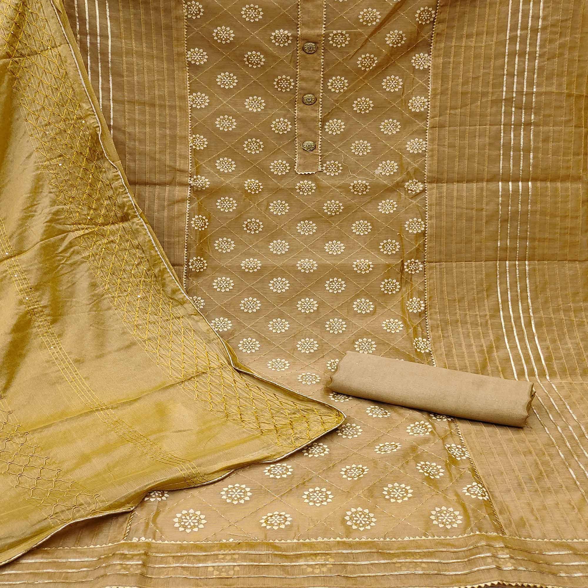 Brown Floral Embroidered With Gota Patti Chanderi Dress Material - Peachmode