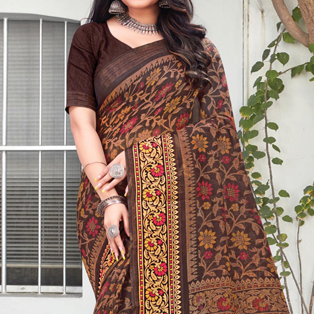 Brown Floral Printed Art Silk Saree - Peachmode