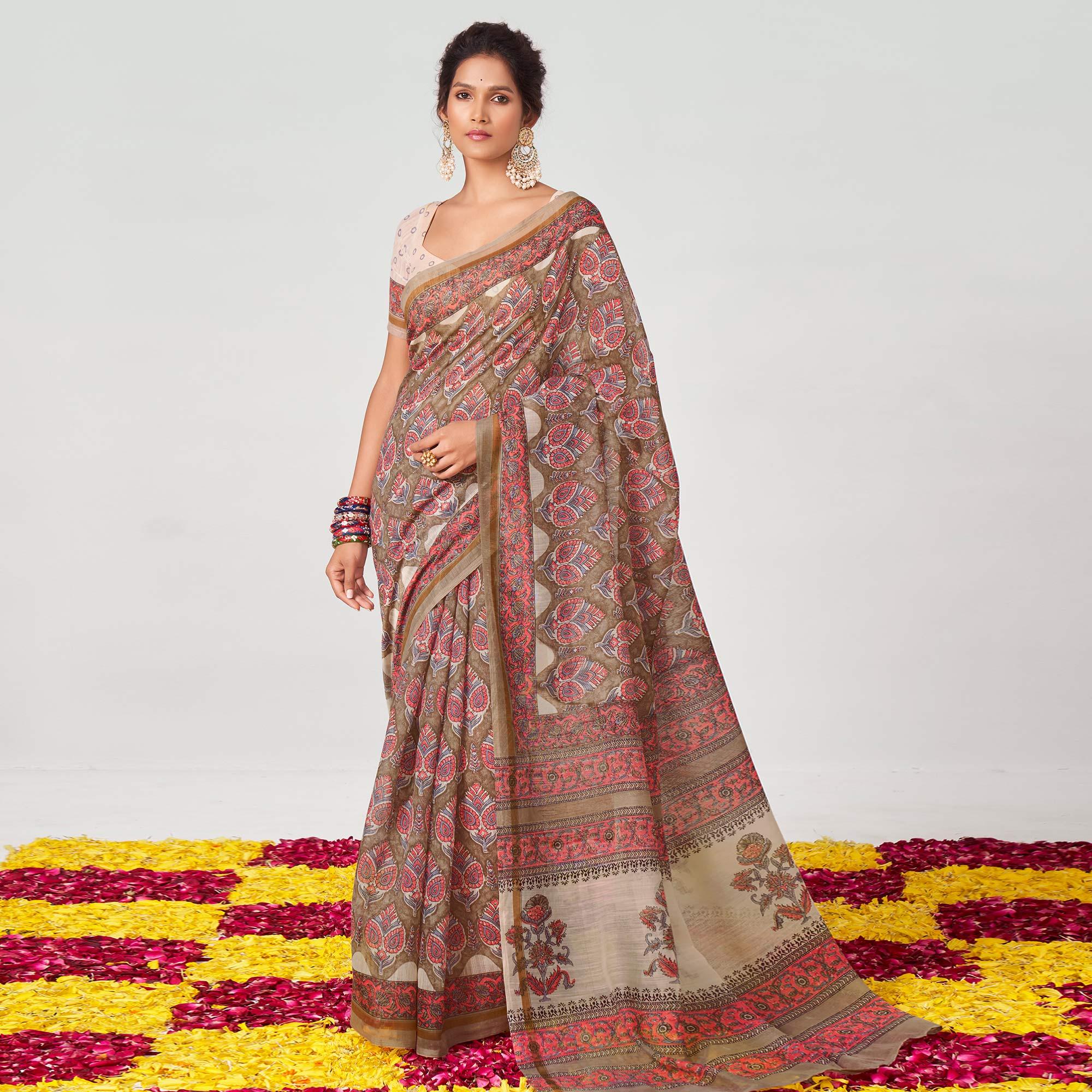 Brown Floral Printed Chanderi Saree - Peachmode