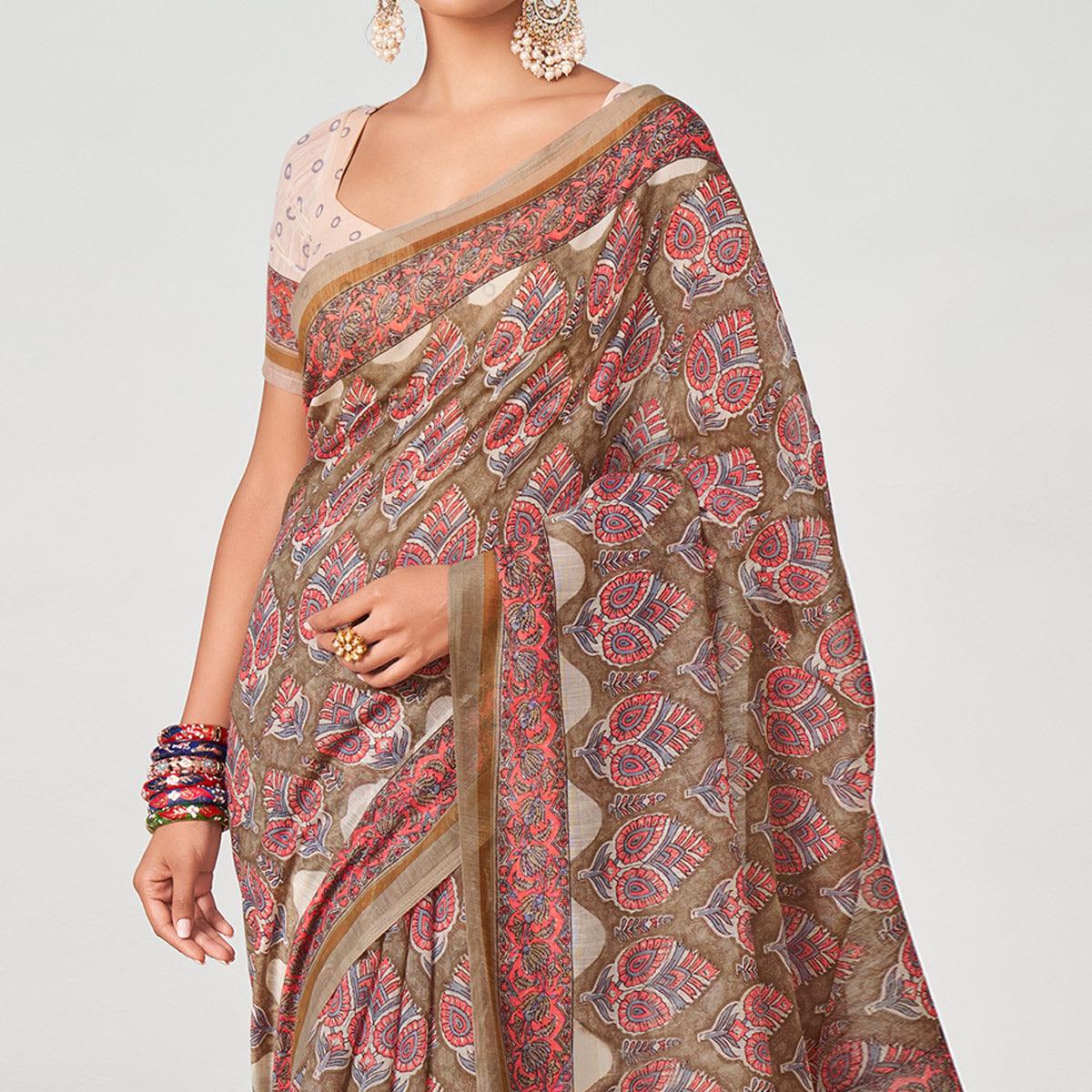 Brown Floral Printed Chanderi Saree - Peachmode