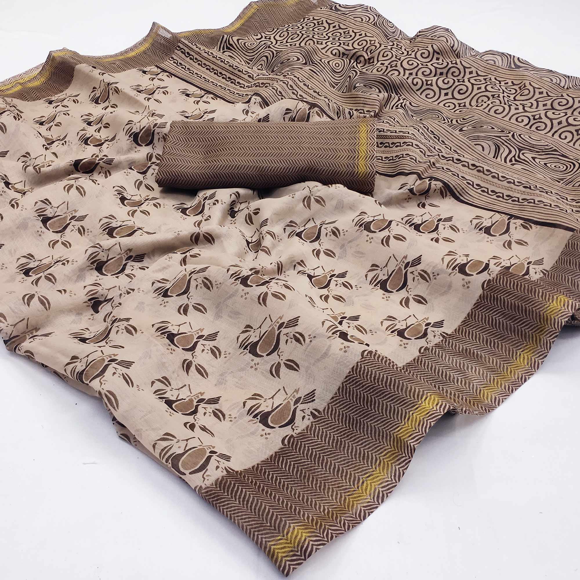 Brown Floral Printed Cotton Blend Saree - Peachmode