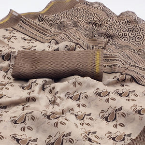 Brown Floral Printed Cotton Blend Saree - Peachmode