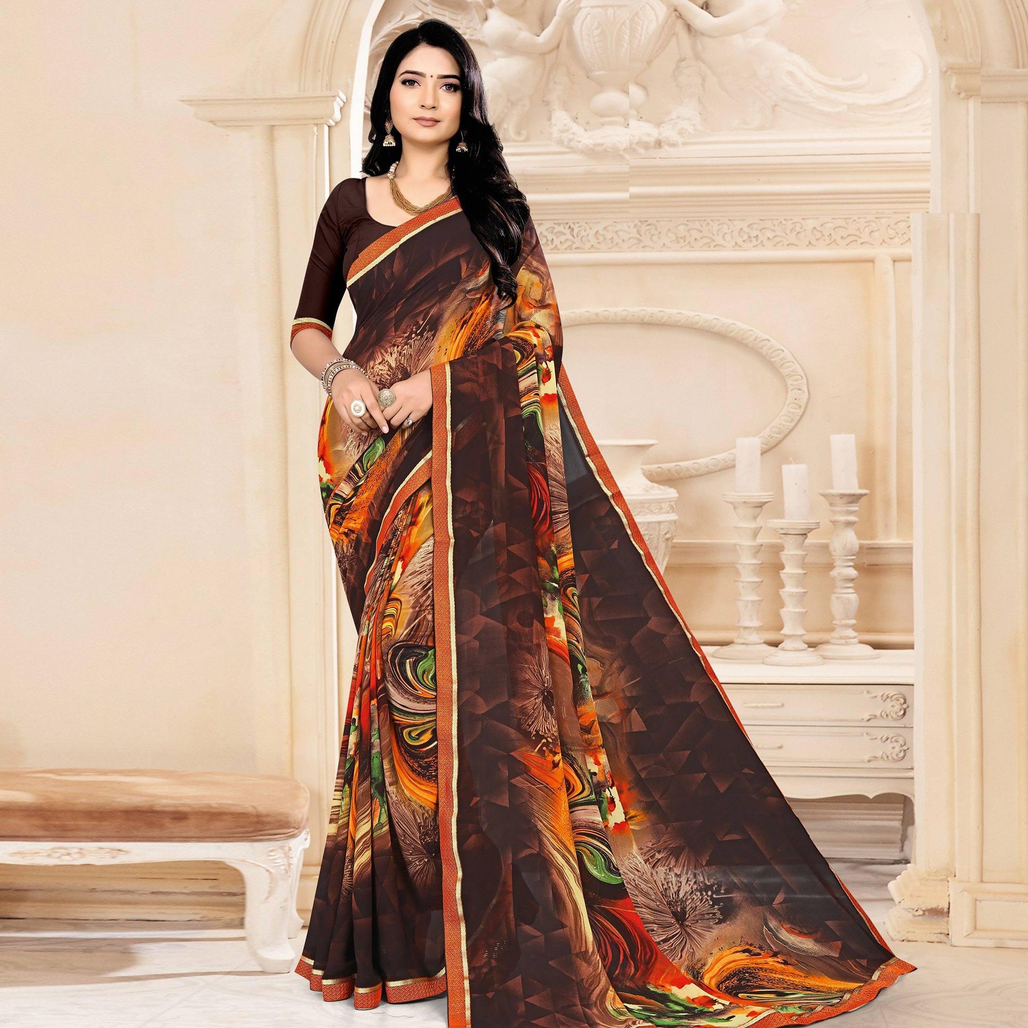 Brown Floral Printed Georgette Saree - Peachmode