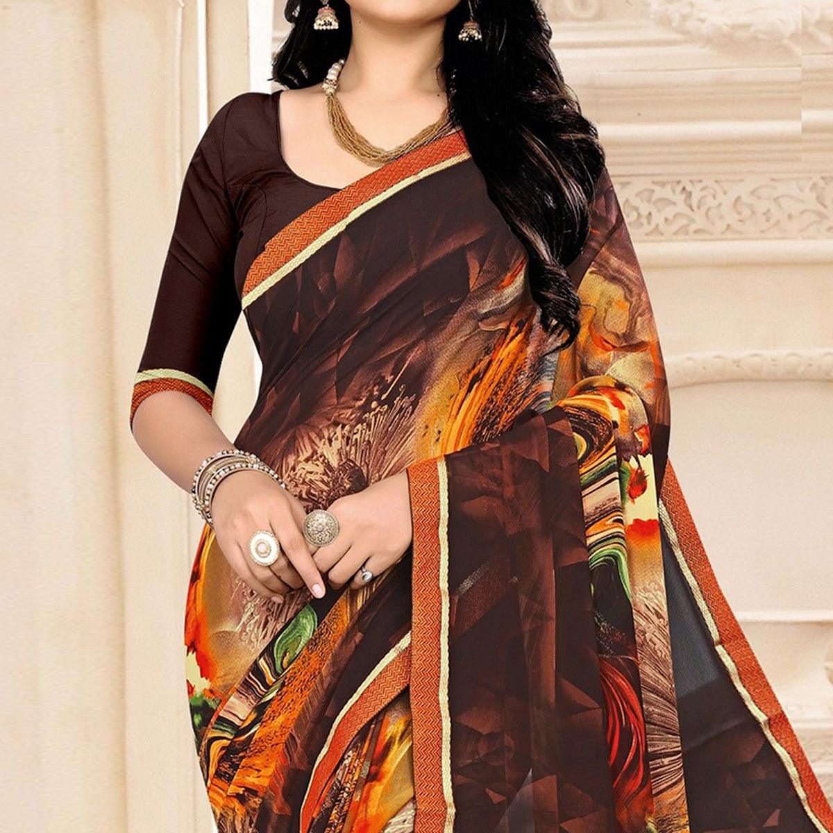Brown Floral Printed Georgette Saree - Peachmode