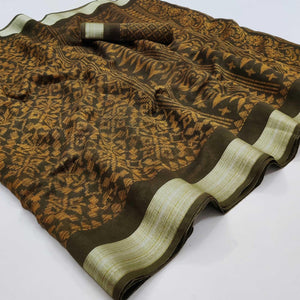 Brown Floral Printed Linen Saree - Peachmode