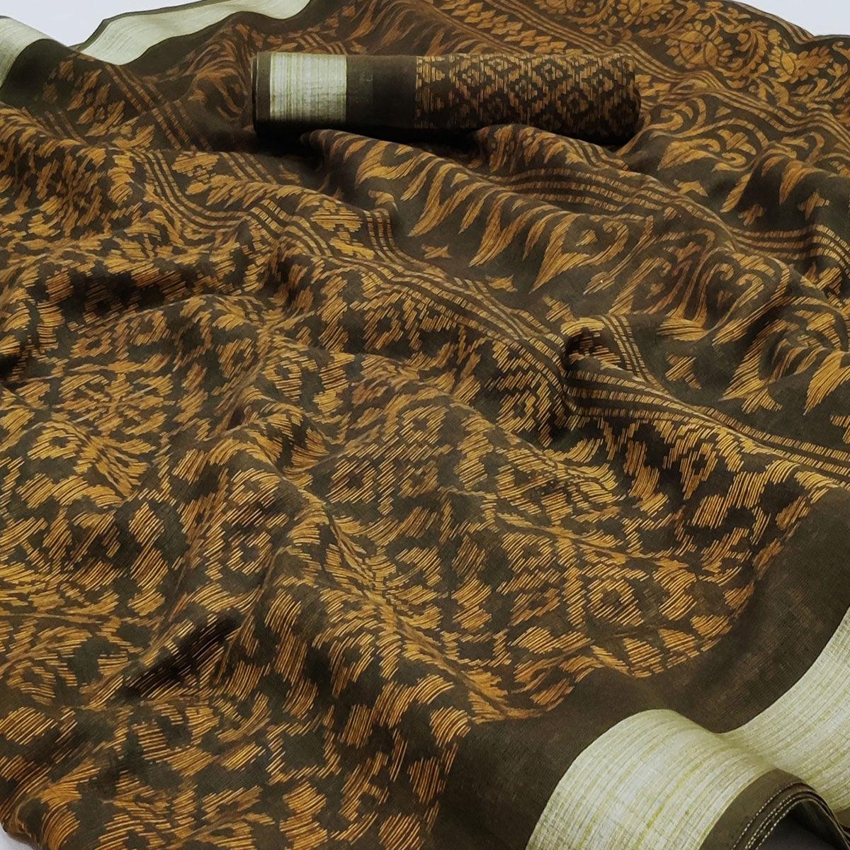 Brown Floral Printed Linen Saree - Peachmode