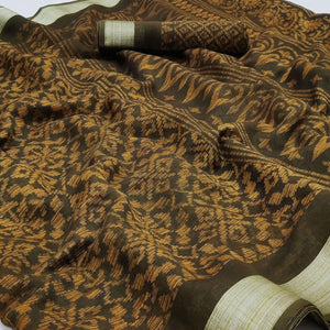 Brown Floral Printed Linen Saree - Peachmode