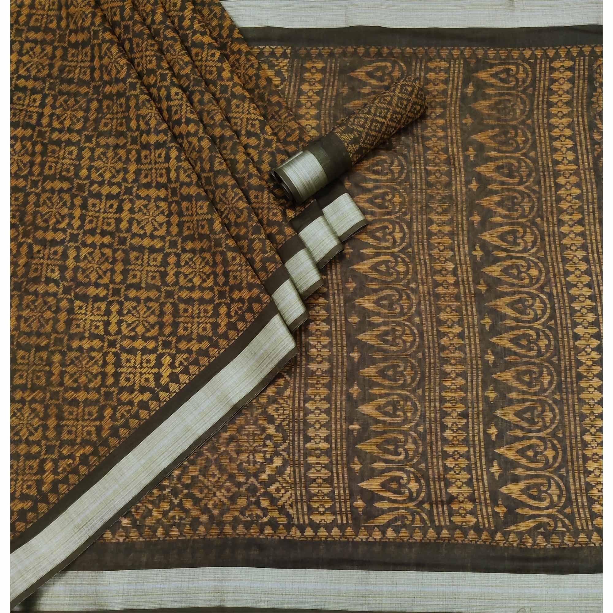 Brown Floral Printed Linen Saree - Peachmode