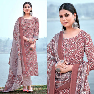 Brown Floral Printed Pure Cotton Kurti Pant Set With Dupatta - Peachmode