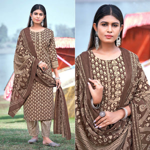Brown Floral Printed Pure Cotton Kurti Pant Set With Dupatta - Peachmode
