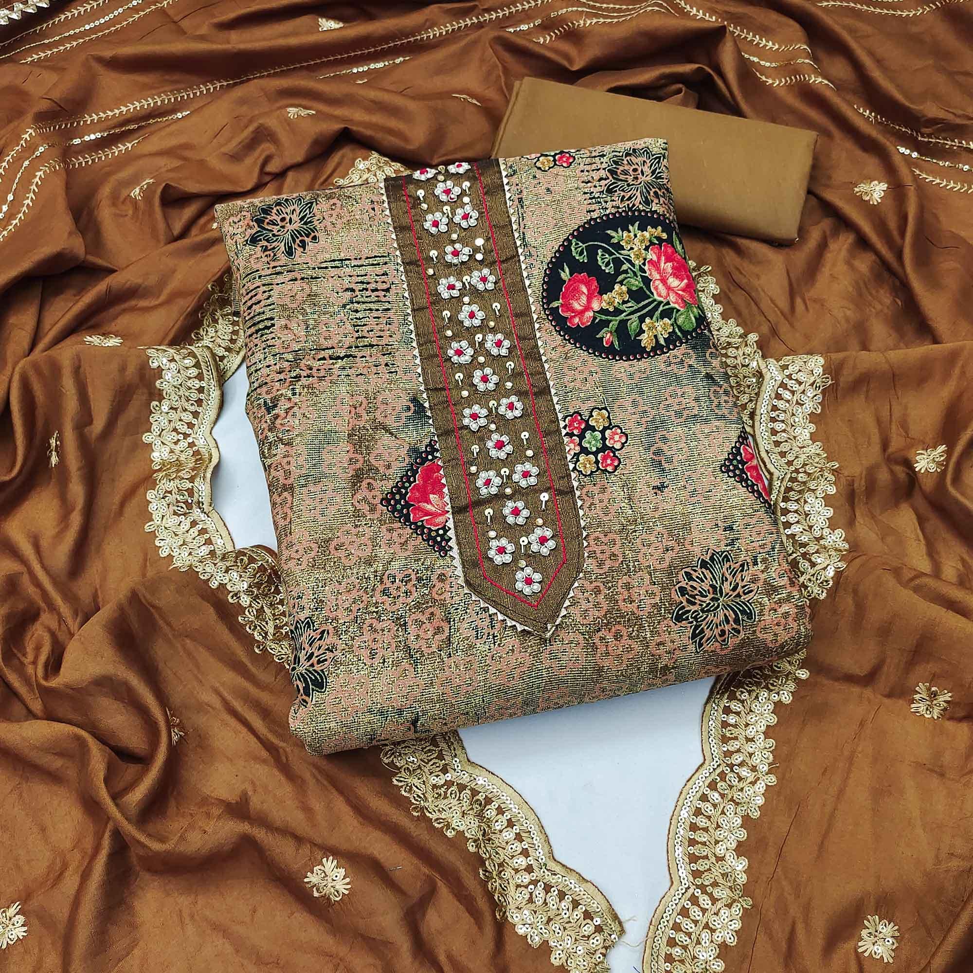 Brown Floral Printed With Embellished Pure Cotton Dress Material - Peachmode