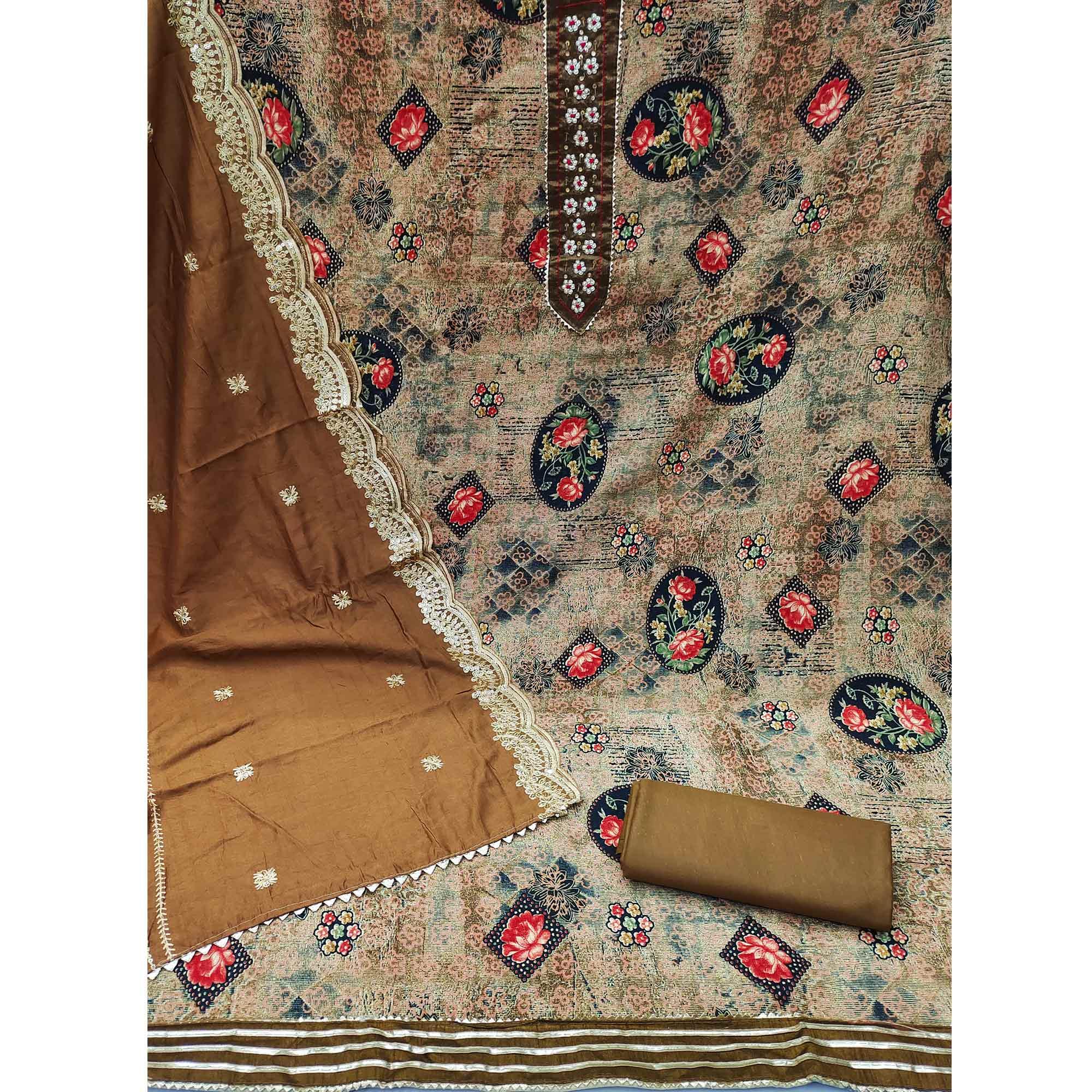 Brown Floral Printed With Embellished Pure Cotton Dress Material - Peachmode
