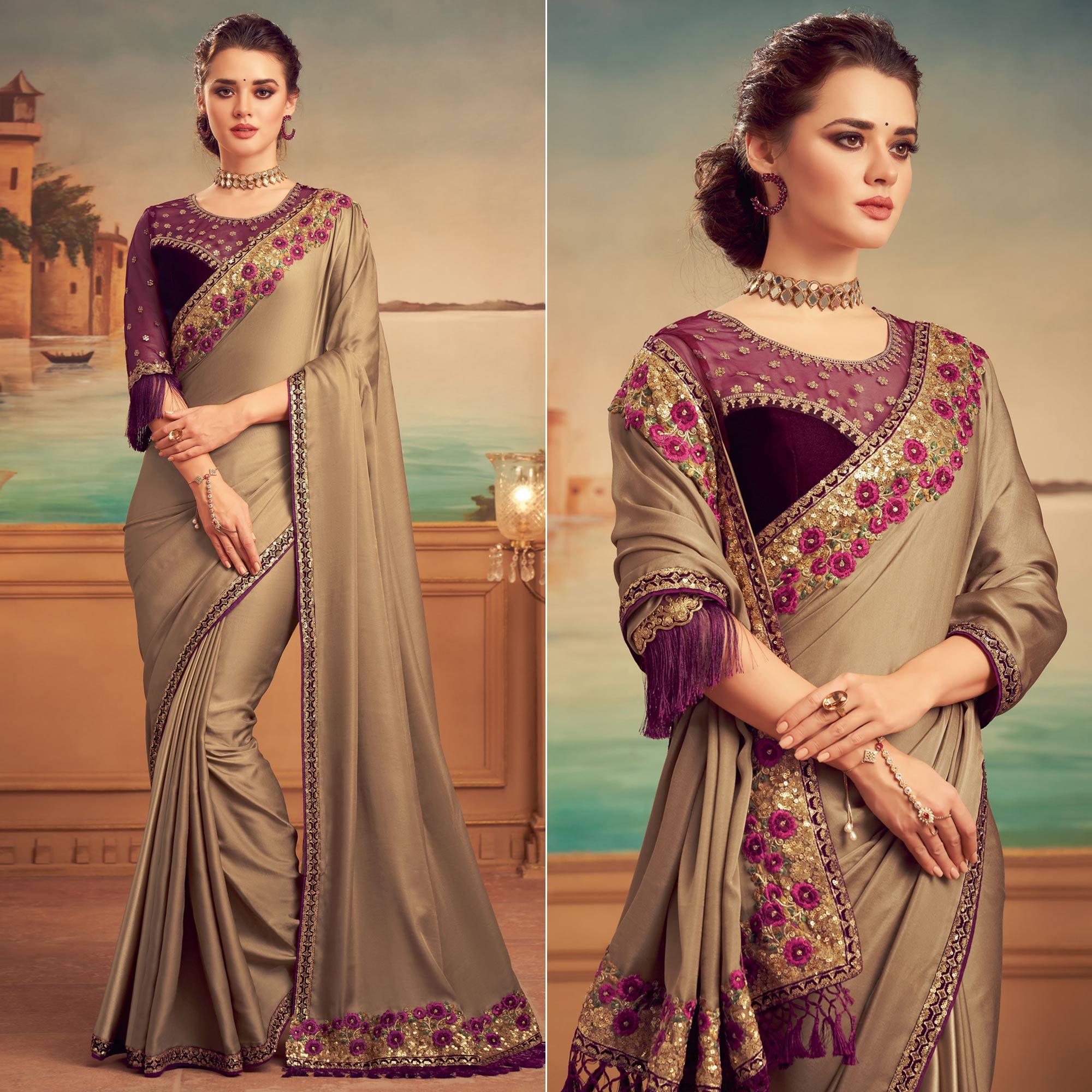 Brown Floral Sequence Embroidered Art Silk Saree - Peachmode