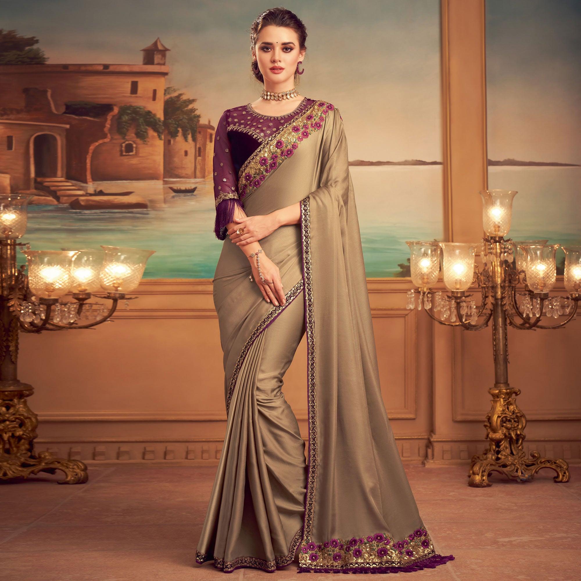 Brown Floral Sequence Embroidered Art Silk Saree - Peachmode