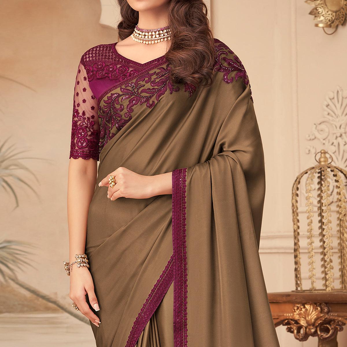 Brown Floral Sequence Embroidered Art Silk Saree - Peachmode
