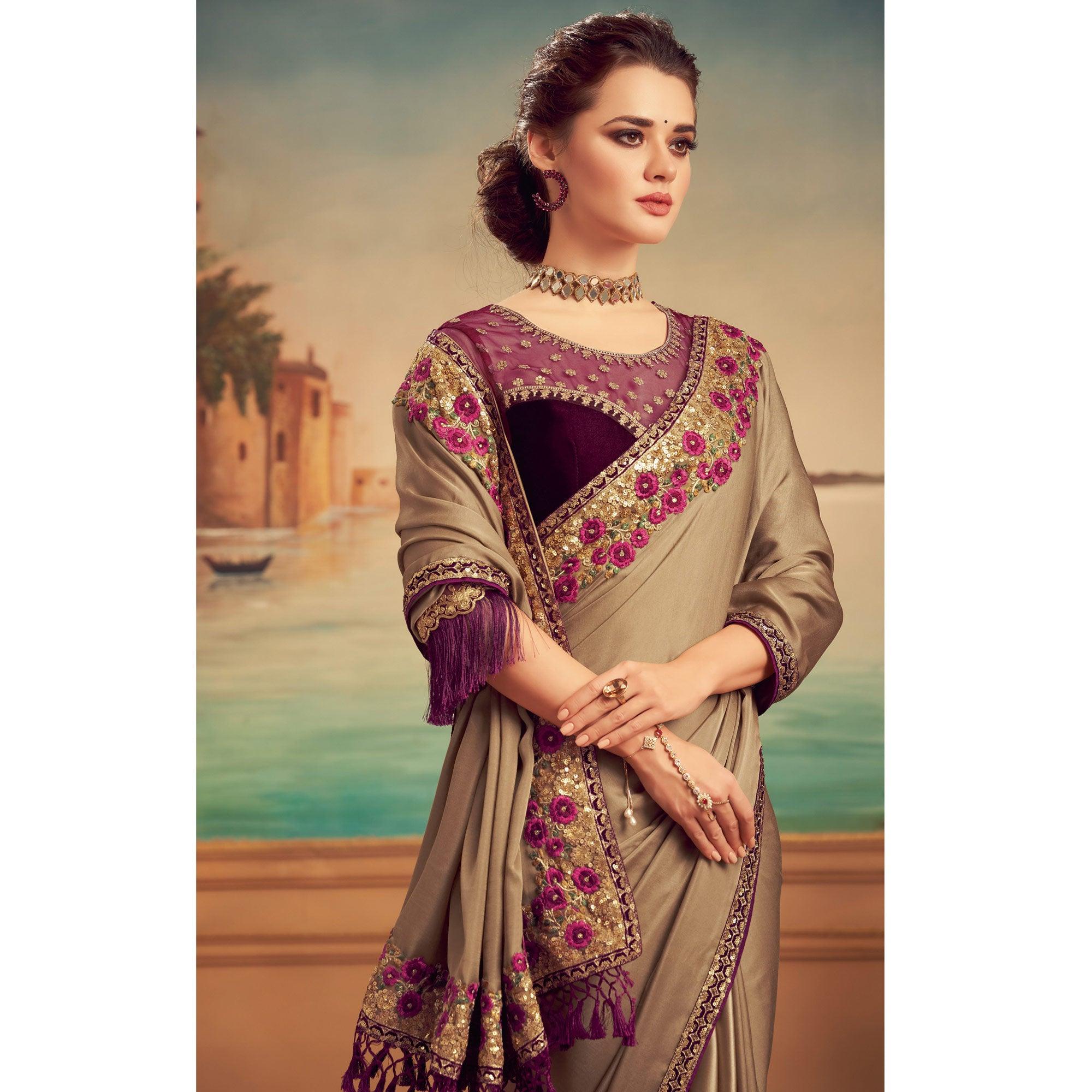 Brown Floral Sequence Embroidered Art Silk Saree - Peachmode