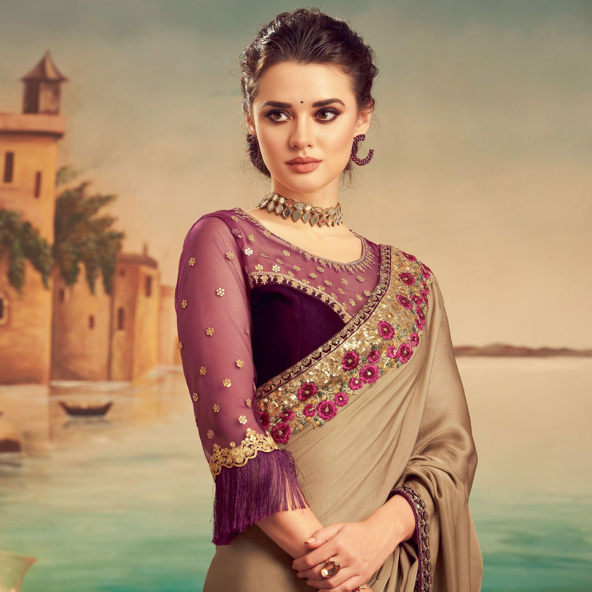 Brown Floral Sequence Embroidered Art Silk Saree - Peachmode