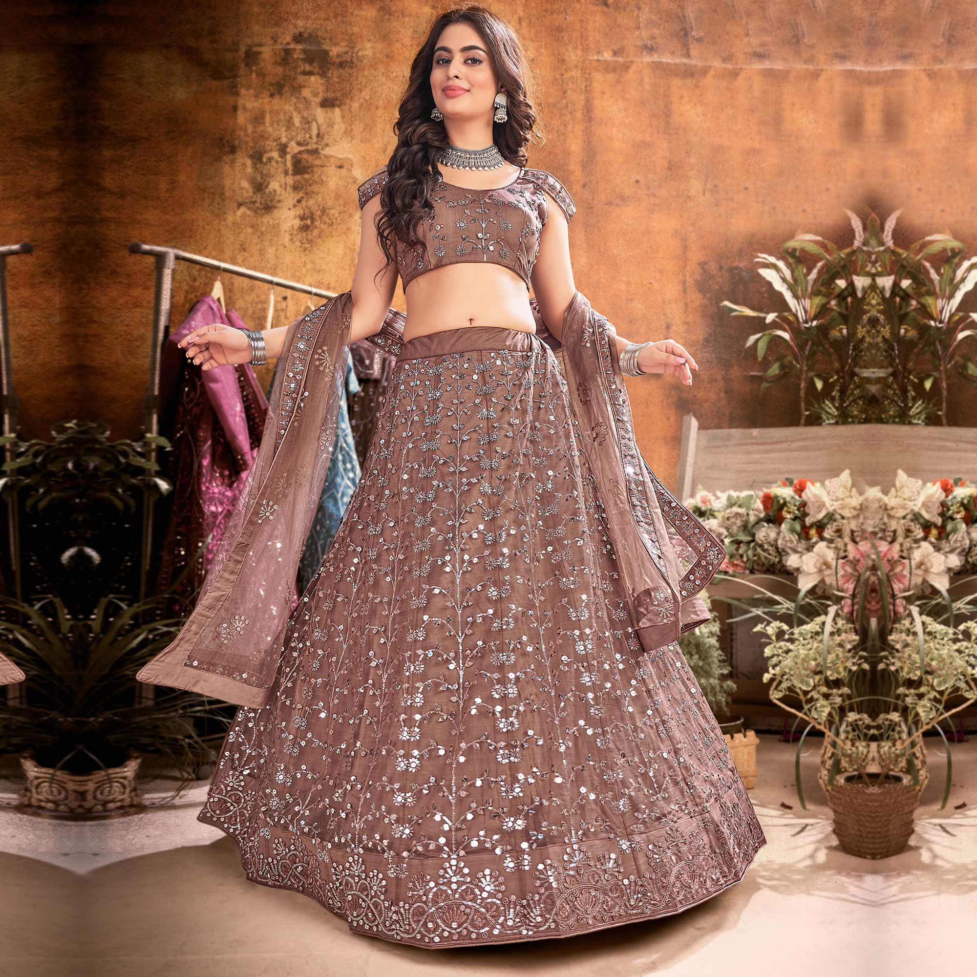 Brown Floral Thread Sequence Net Lehenga Choli - Peachmode
