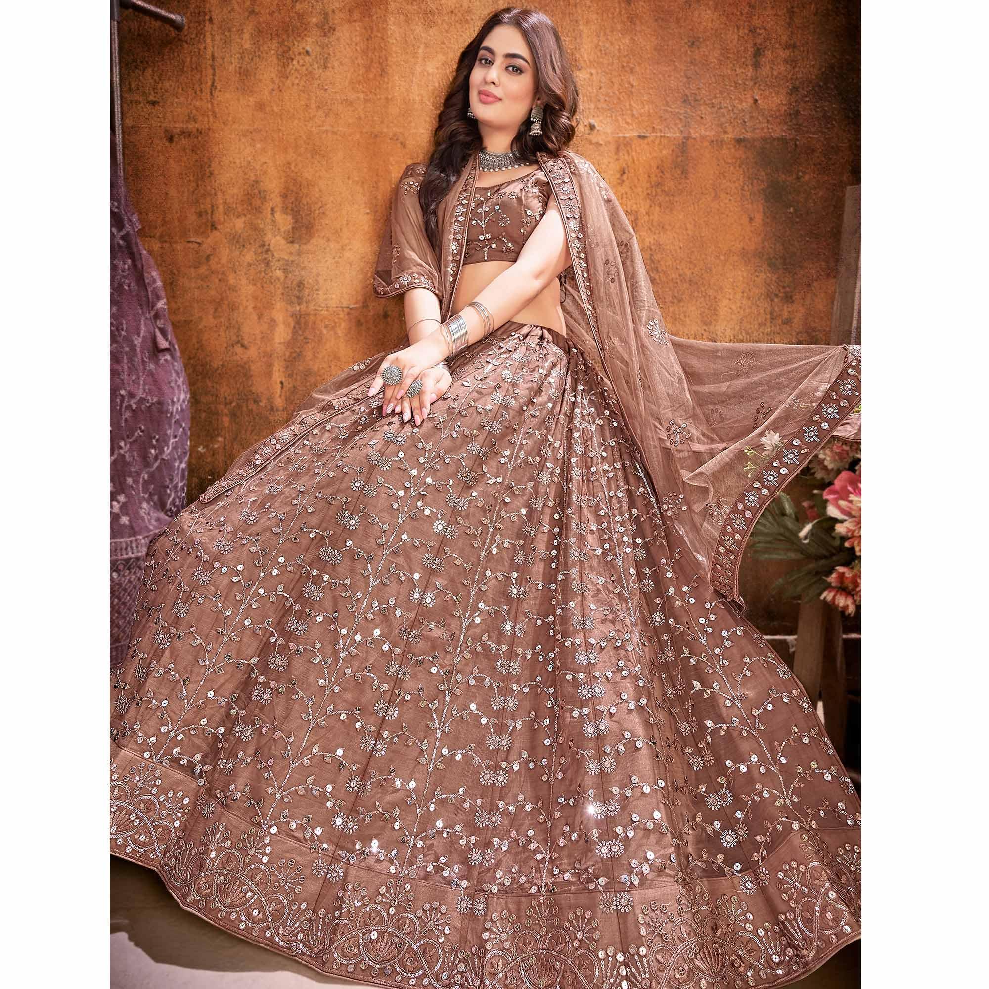 Brown Floral Thread Sequence Net Lehenga Choli - Peachmode