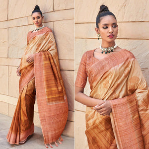 Brown Floral Woven Art Silk Saree - Peachmode