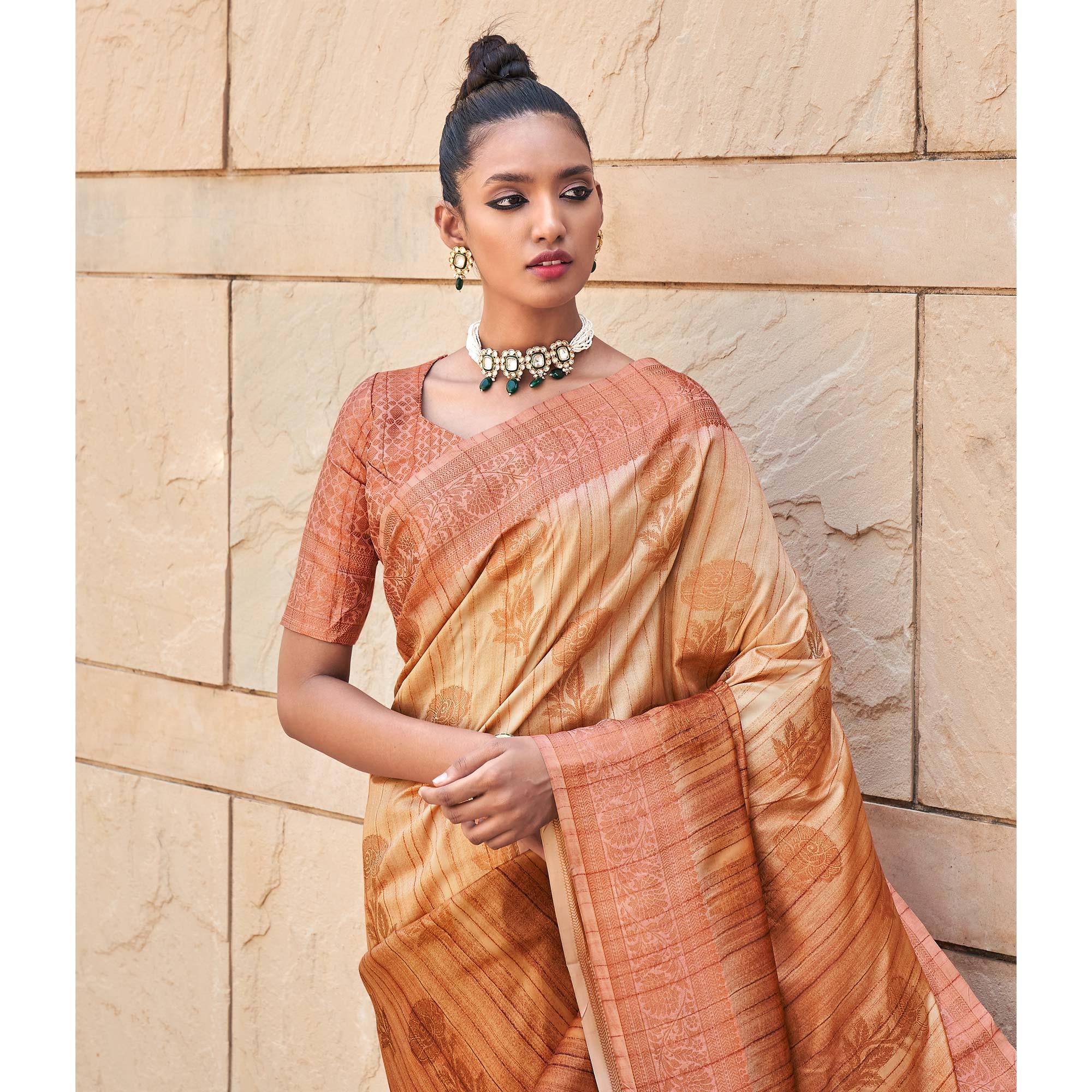 Brown Floral Woven Art Silk Saree - Peachmode