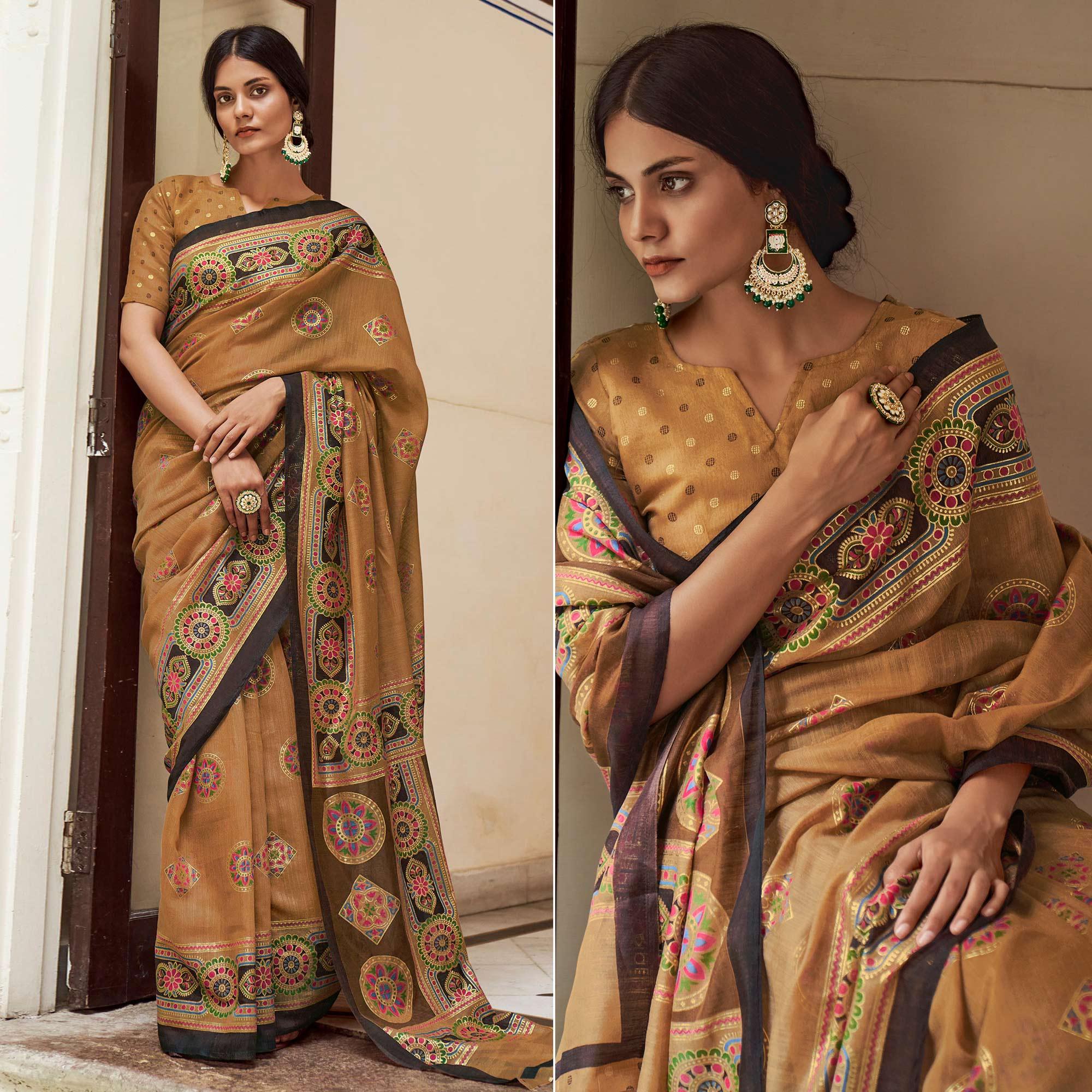 Brown Foil Digital Printed Poly Cotton Saree - Peachmode