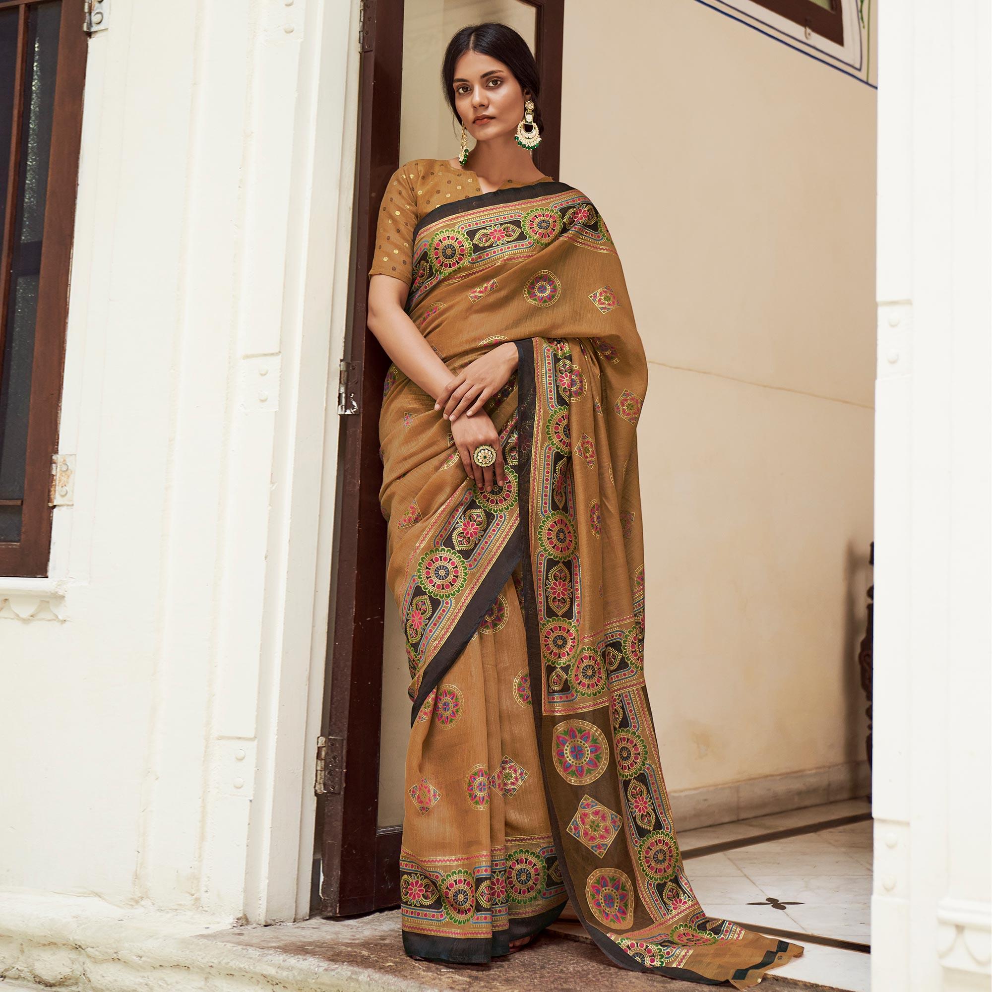 Brown Foil Digital Printed Poly Cotton Saree - Peachmode