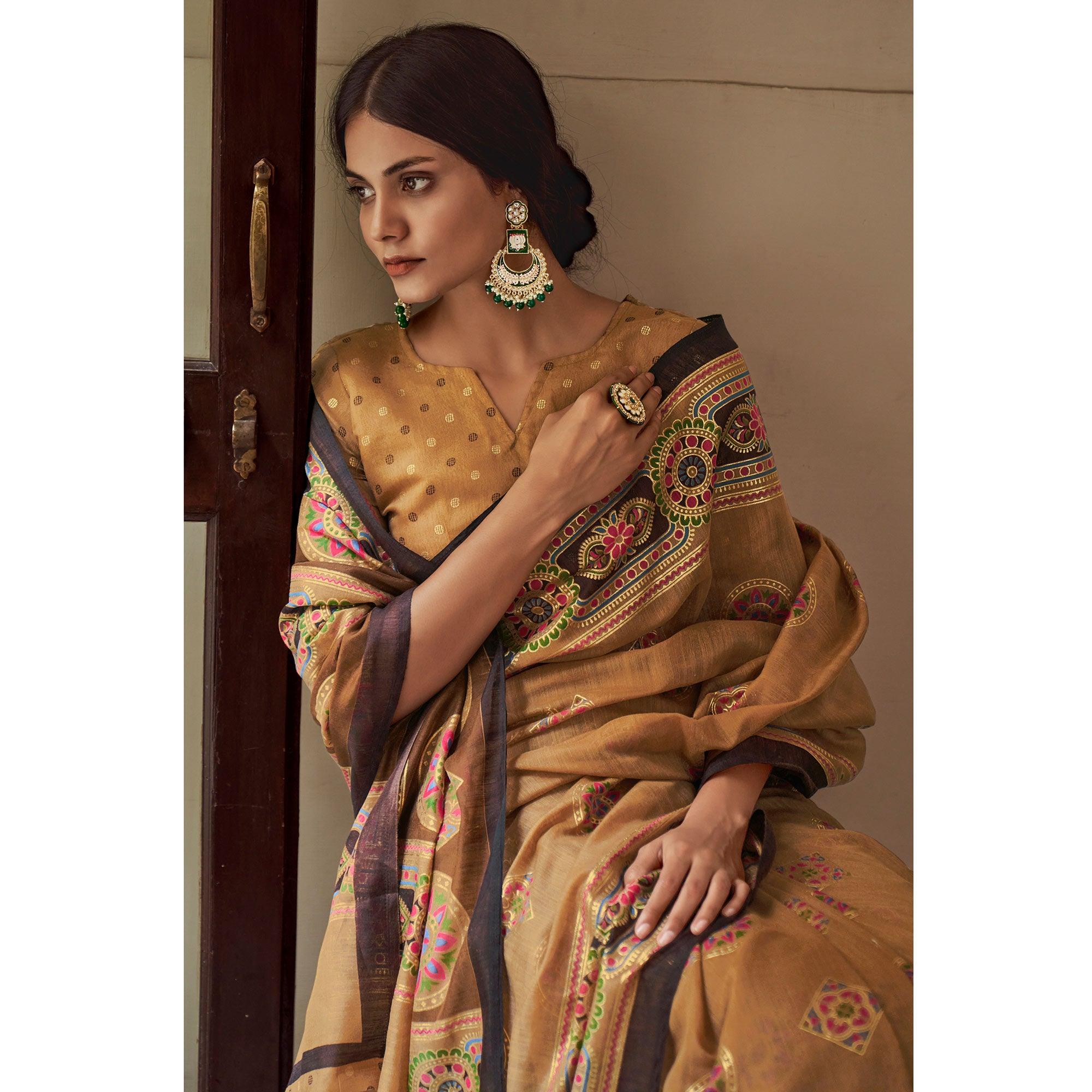 Brown Foil Digital Printed Poly Cotton Saree - Peachmode