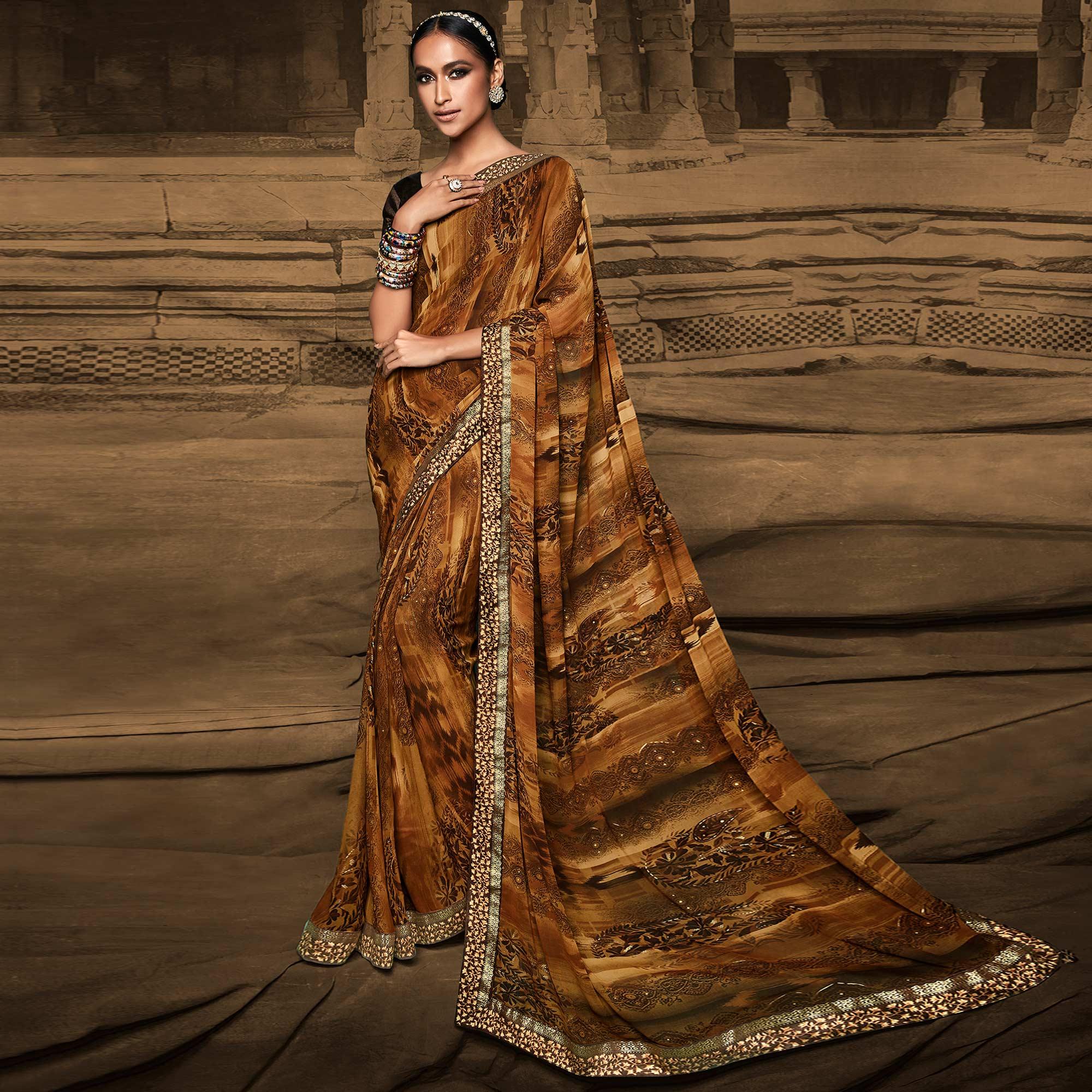 Brown Foil Printed Georgette Saree - Peachmode