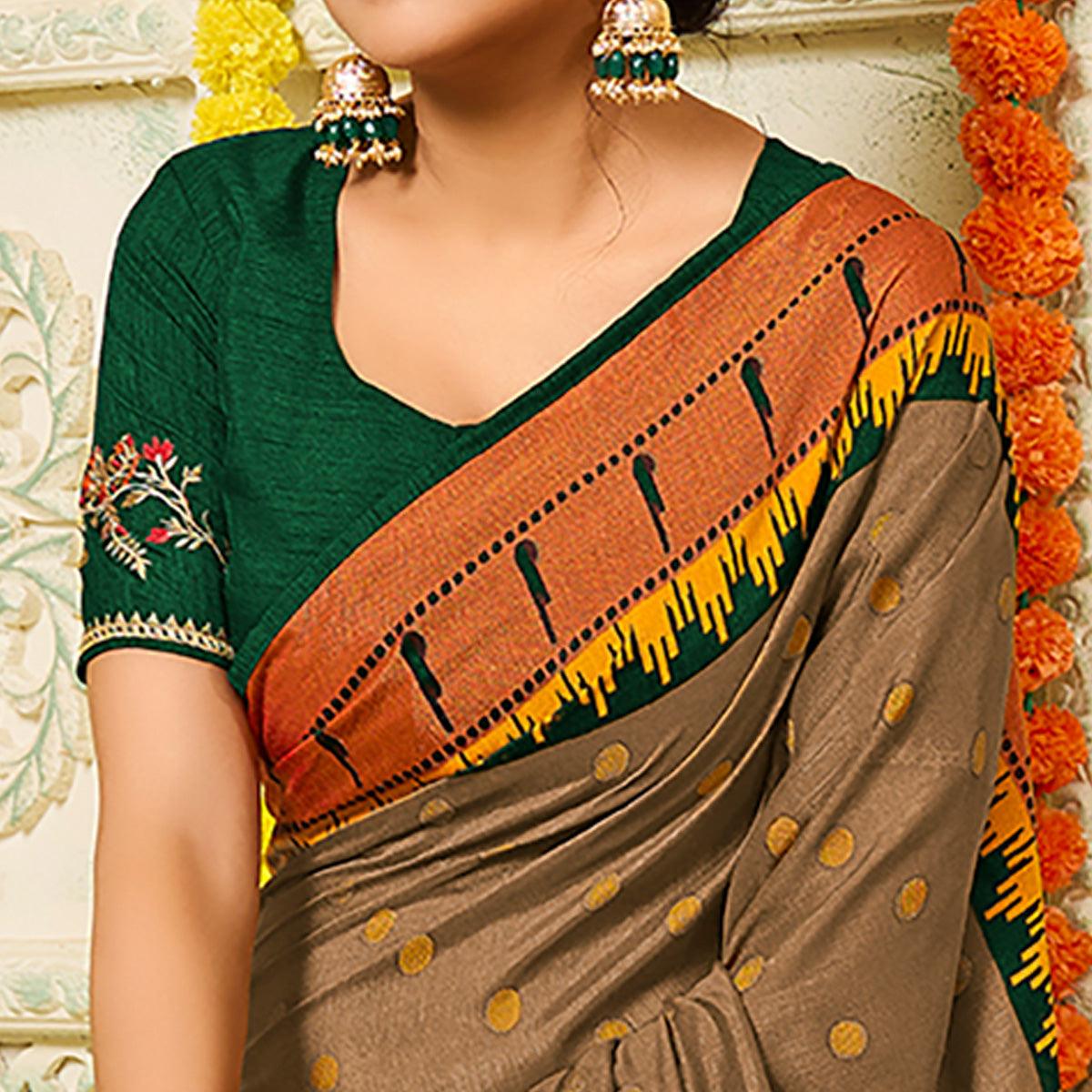 Brown Geometric Printed Brasso Saree With Tassels - Peachmode