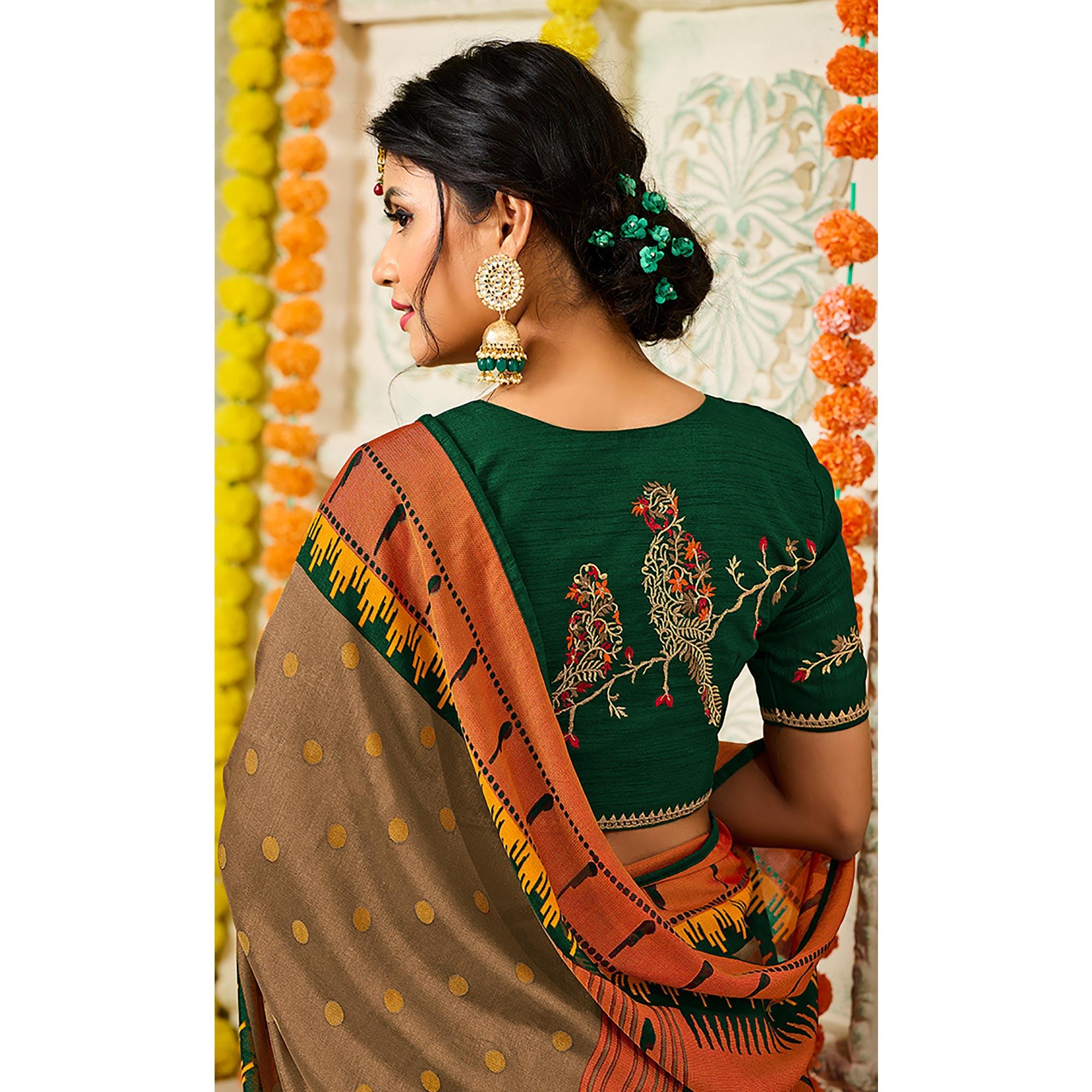 Brown Geometric Printed Brasso Saree With Tassels - Peachmode
