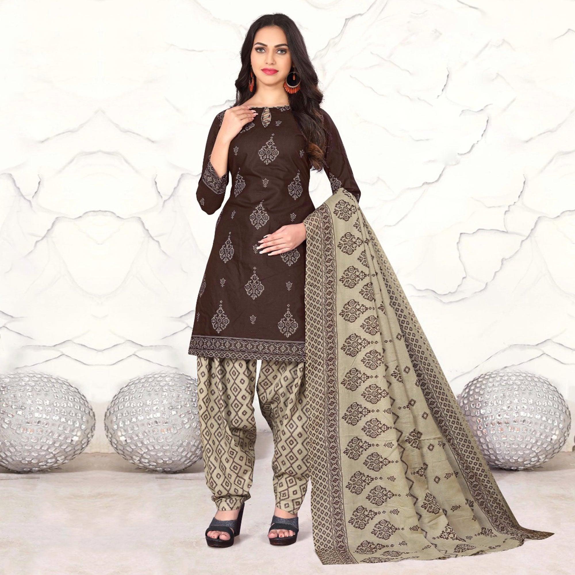 Brown Geometric Printed Cotton Blend Dress Material - Peachmode