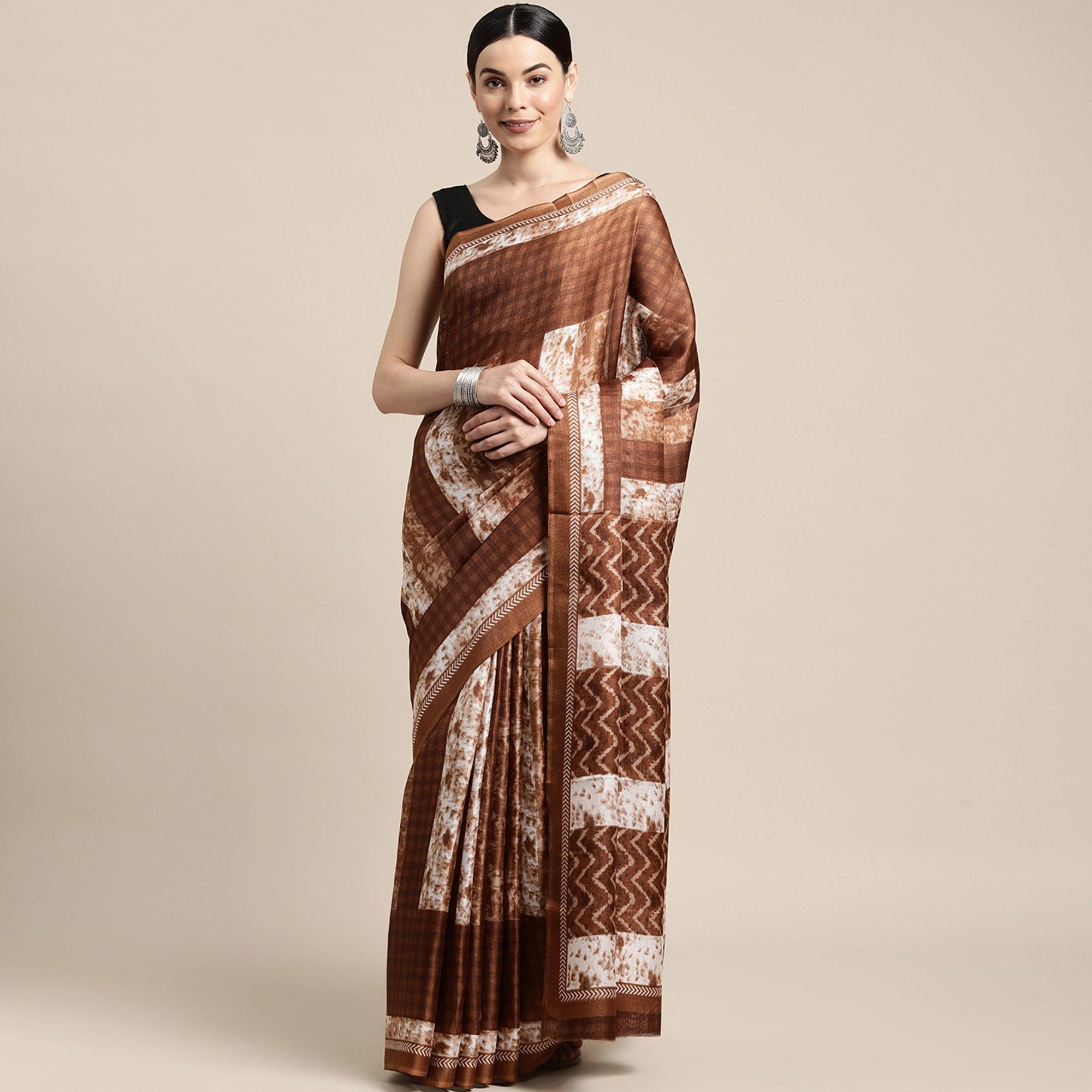 Brown Geometric Printed Cotton Silk Saree - Peachmode