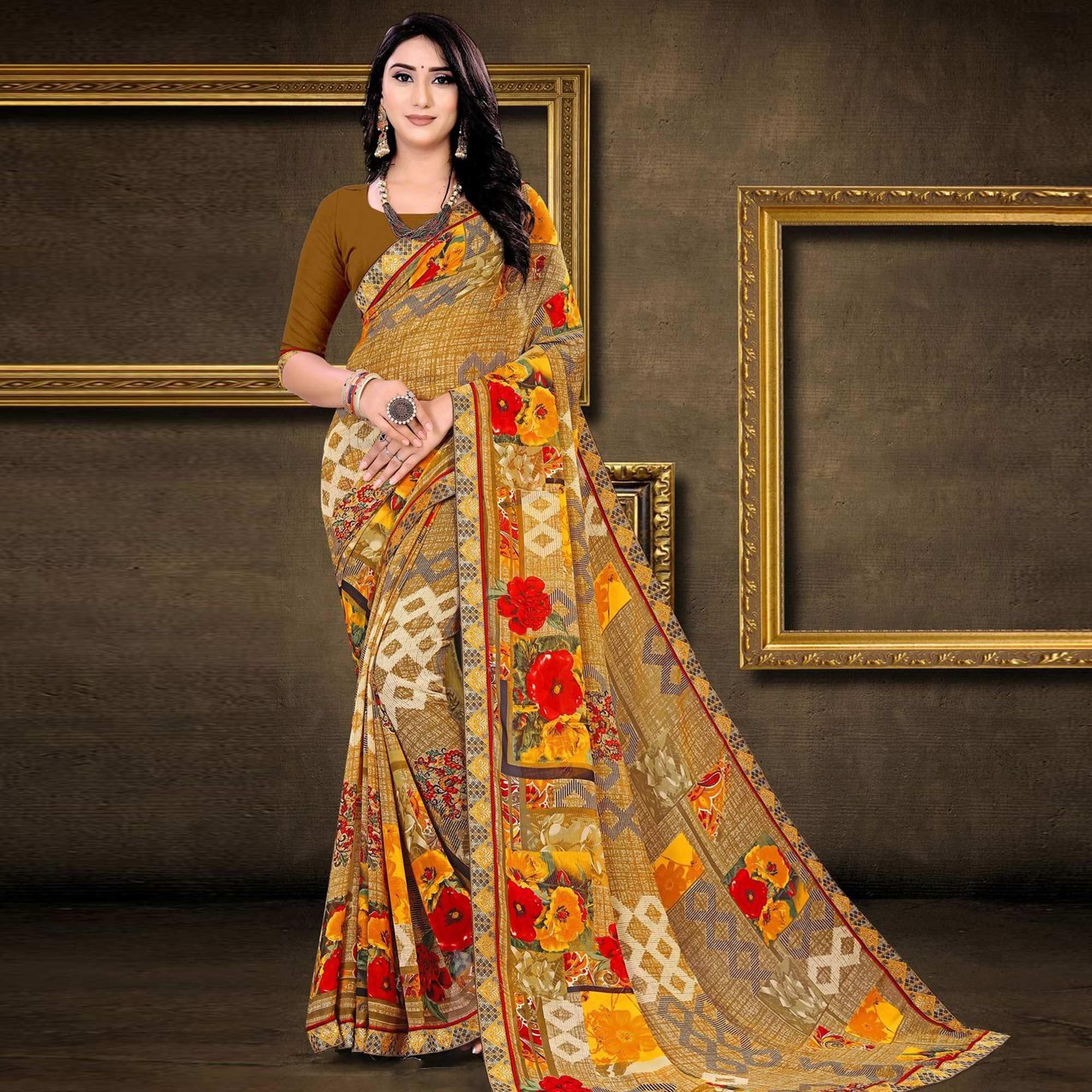 Brown Geometric Printed Georgette Saree - Peachmode