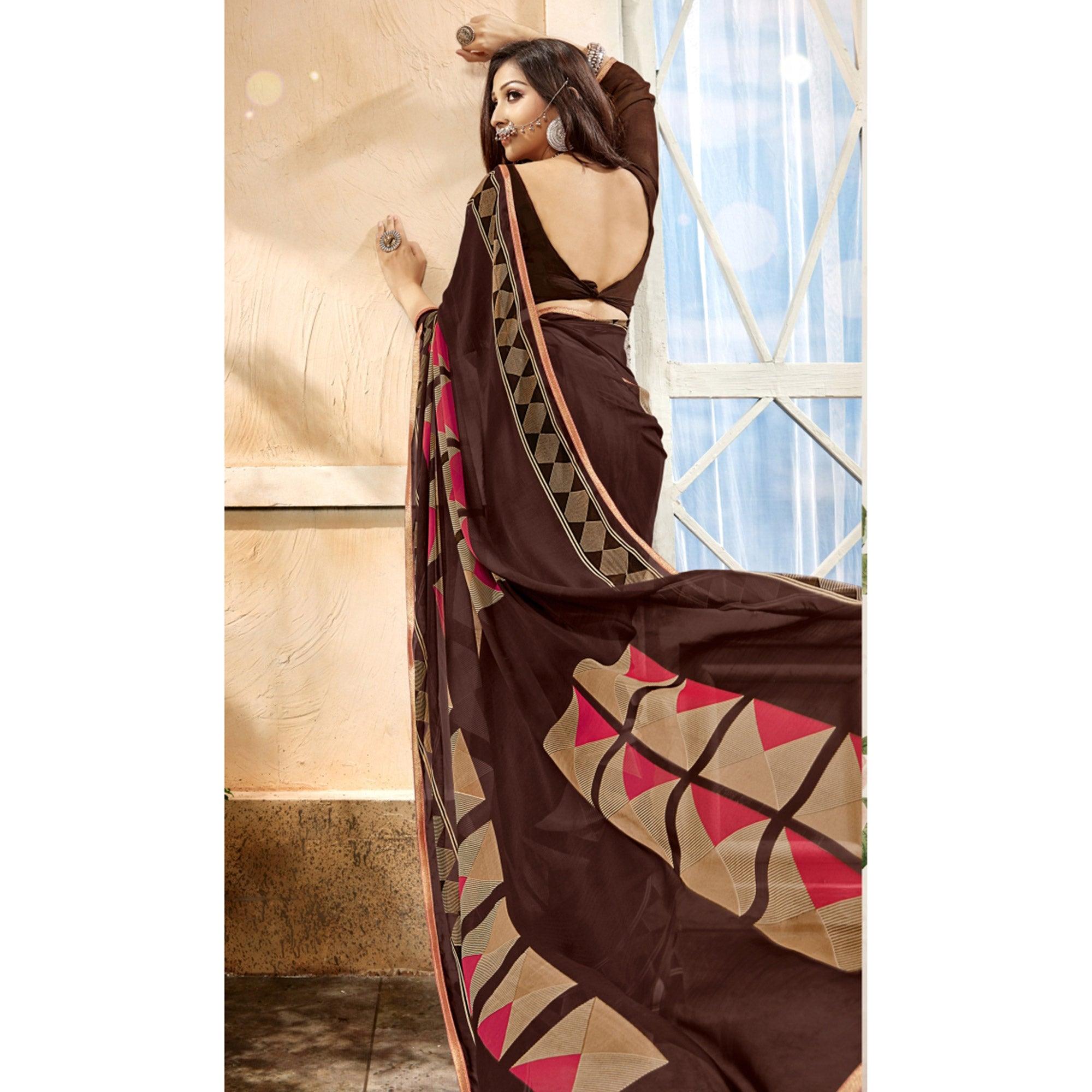 Brown Geometric Printed Georgette Saree - Peachmode