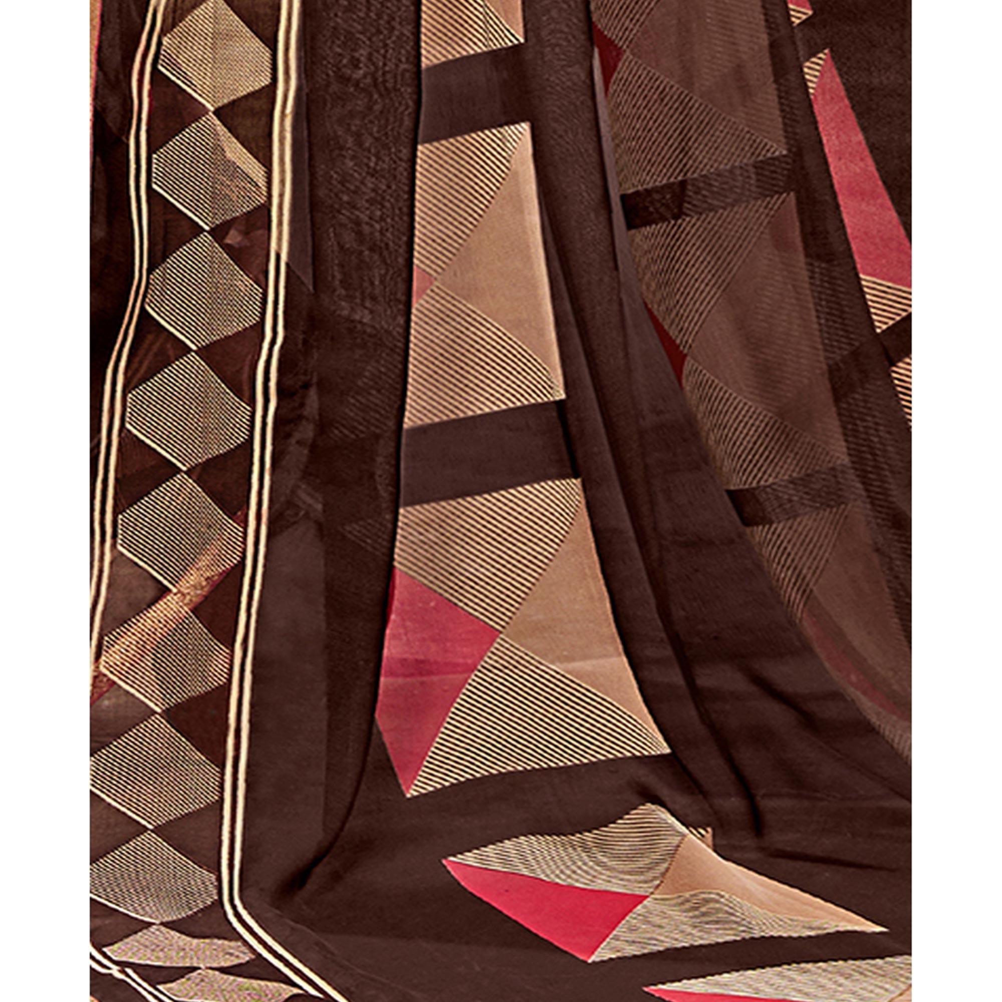 Brown Geometric Printed Georgette Saree - Peachmode