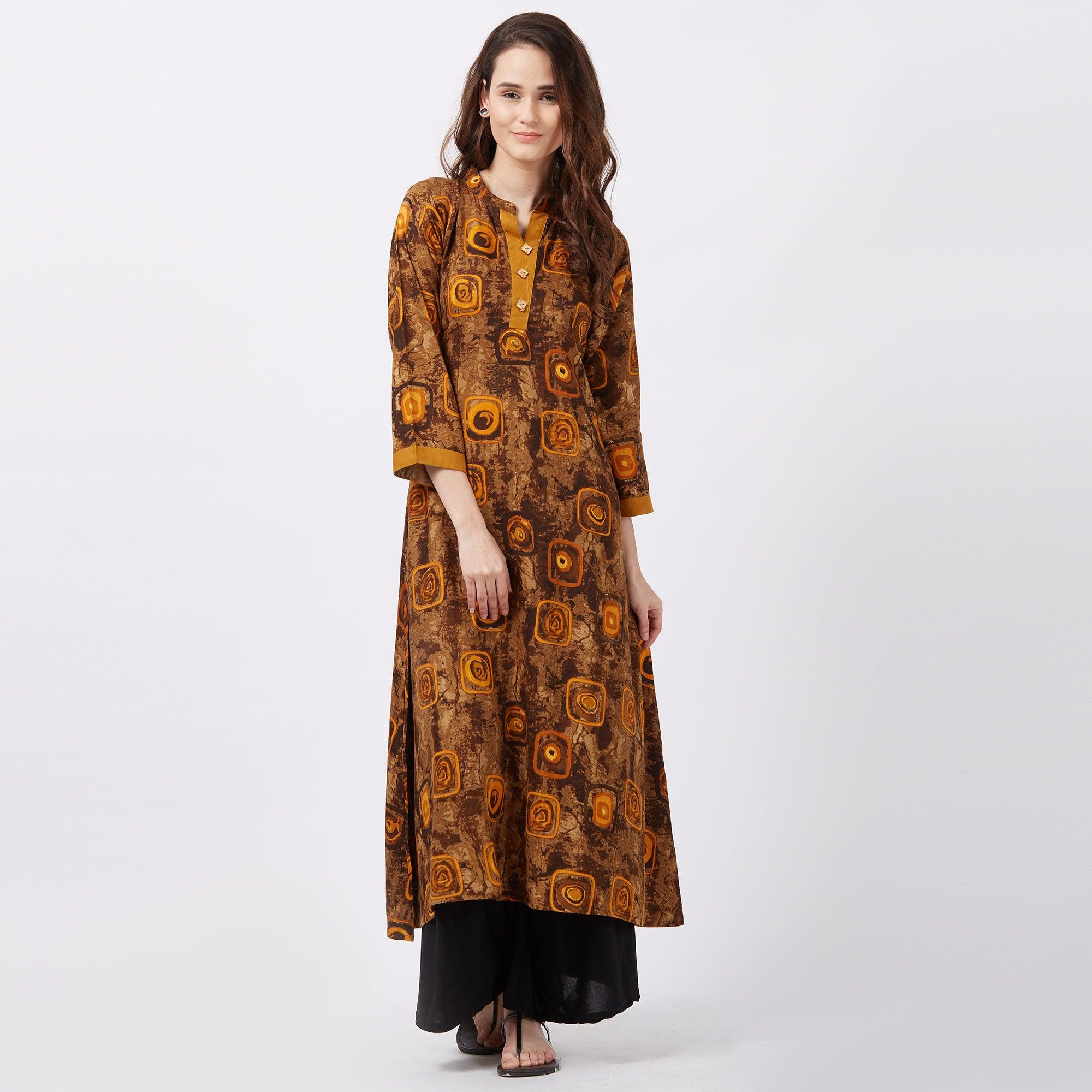 Brown Geometric Printed Rayon Kurti - Peachmode