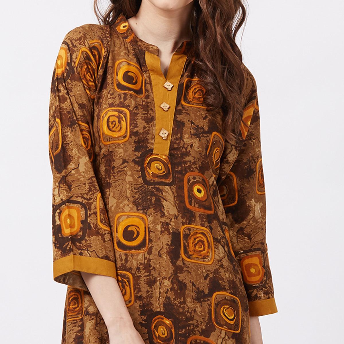 Brown Geometric Printed Rayon Kurti - Peachmode