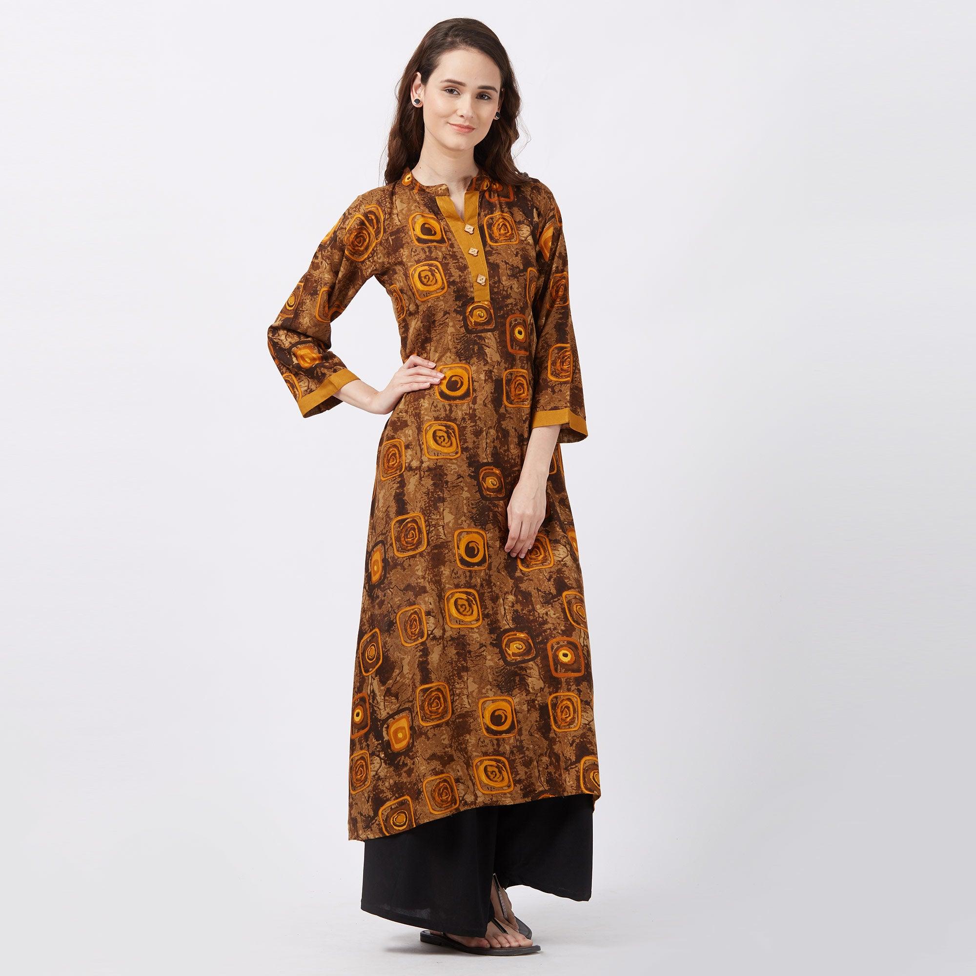 Brown Geometric Printed Rayon Kurti - Peachmode