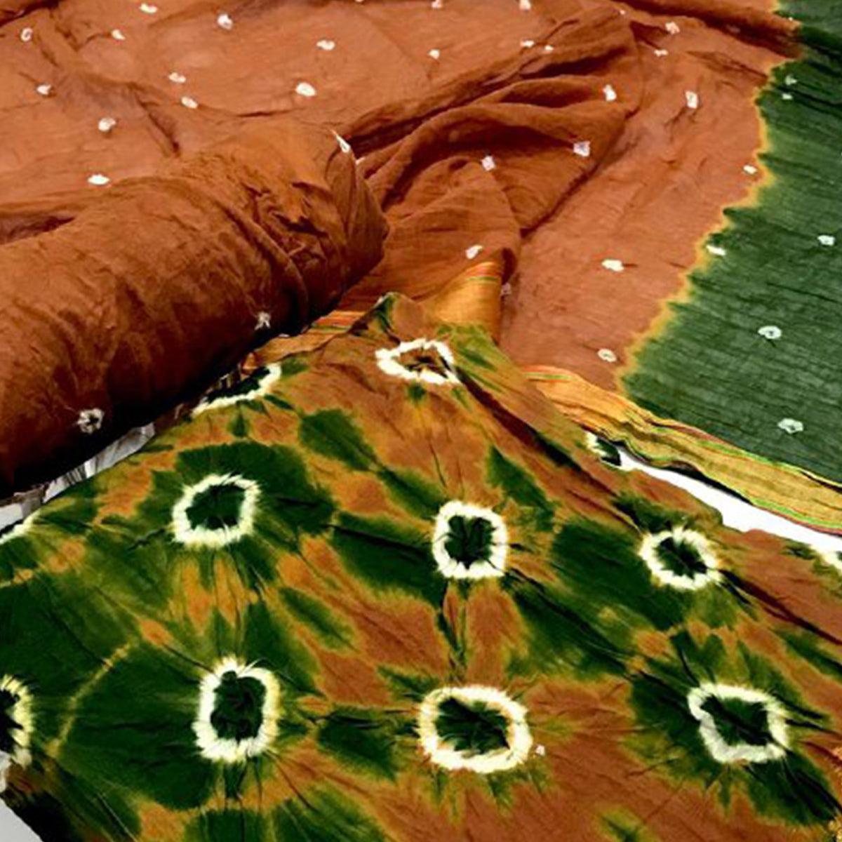Brown-Green Bandhani Printed Pure Cotton Dress Material - Peachmode