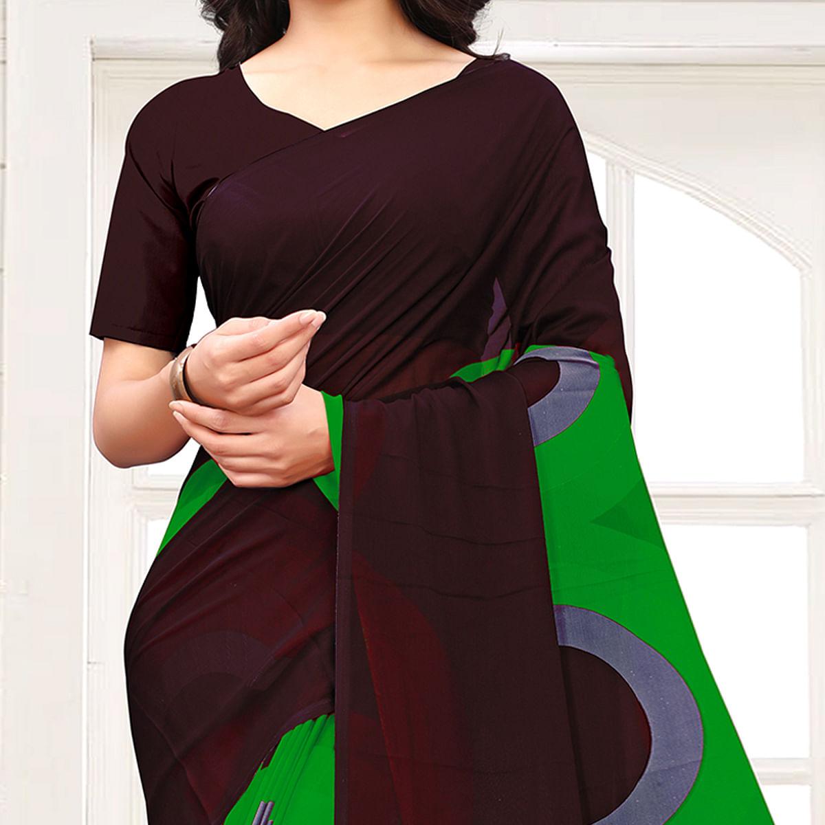 Brown-Green Casual Wear Printed Georgette Saree - Peachmode
