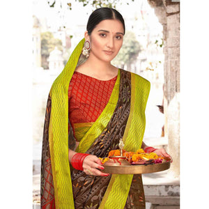 Brown - Green Festive Wear Printed Brasso Saree - Peachmode