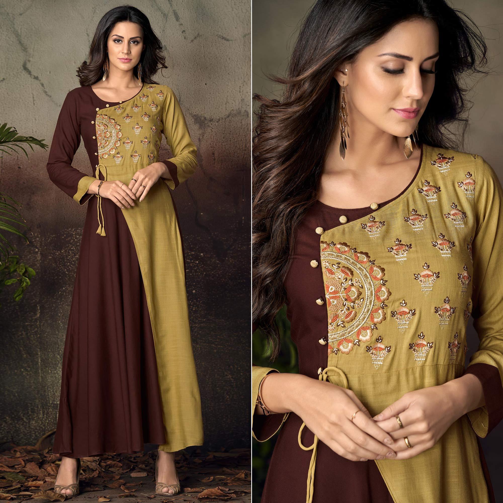 Brown-Green Floral Embroidered Rayon Kurti - Peachmode